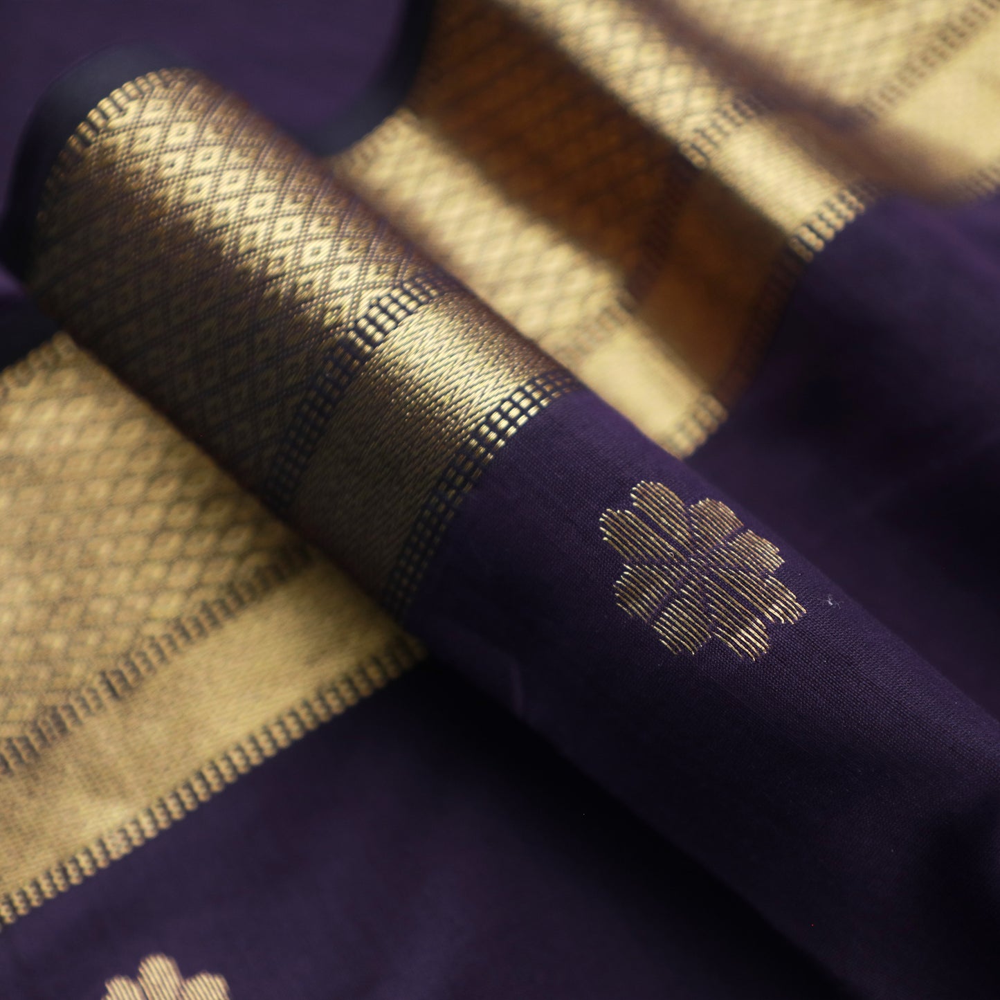 LAKSHANYA - Deep Purple Cotton Silk Maheshwari Saree with Floral Motifs