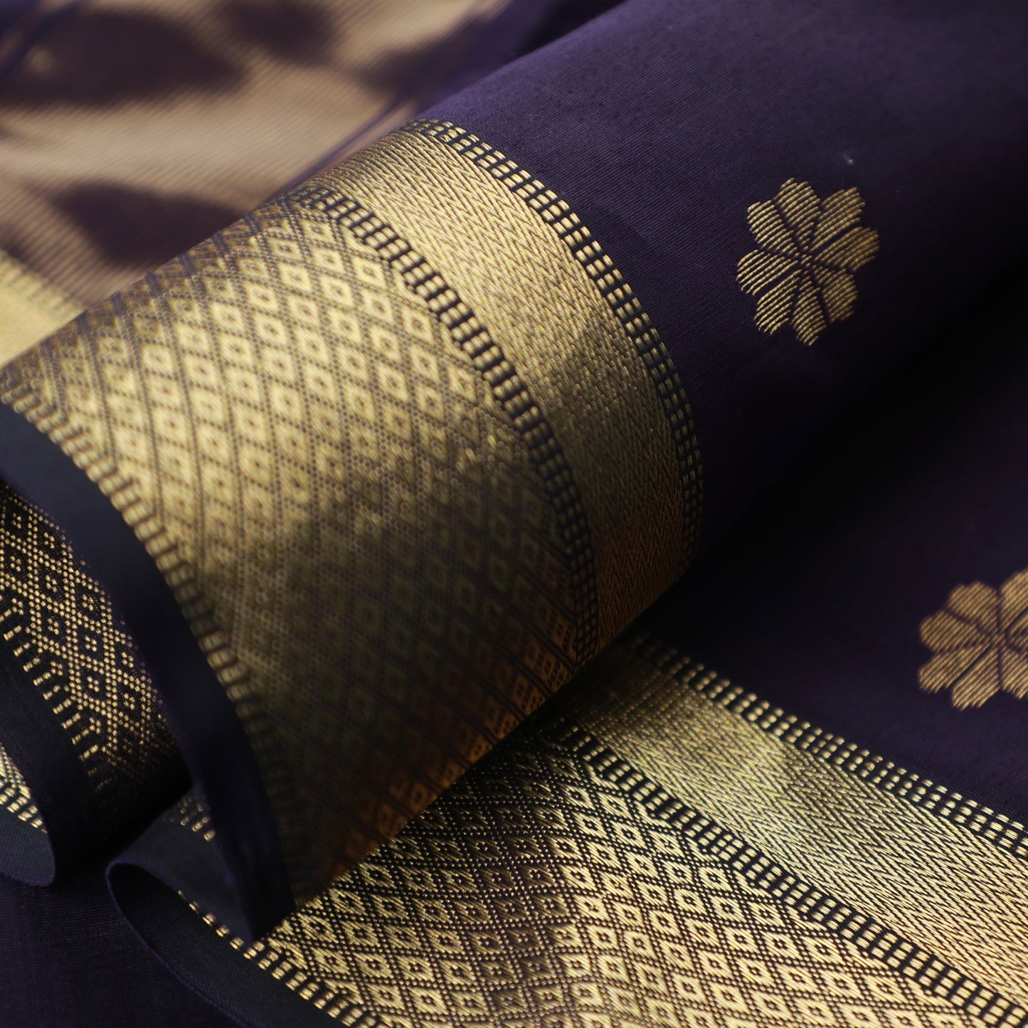 LAKSHANYA - Deep Purple Cotton Silk Maheshwari Saree with Floral Motifs