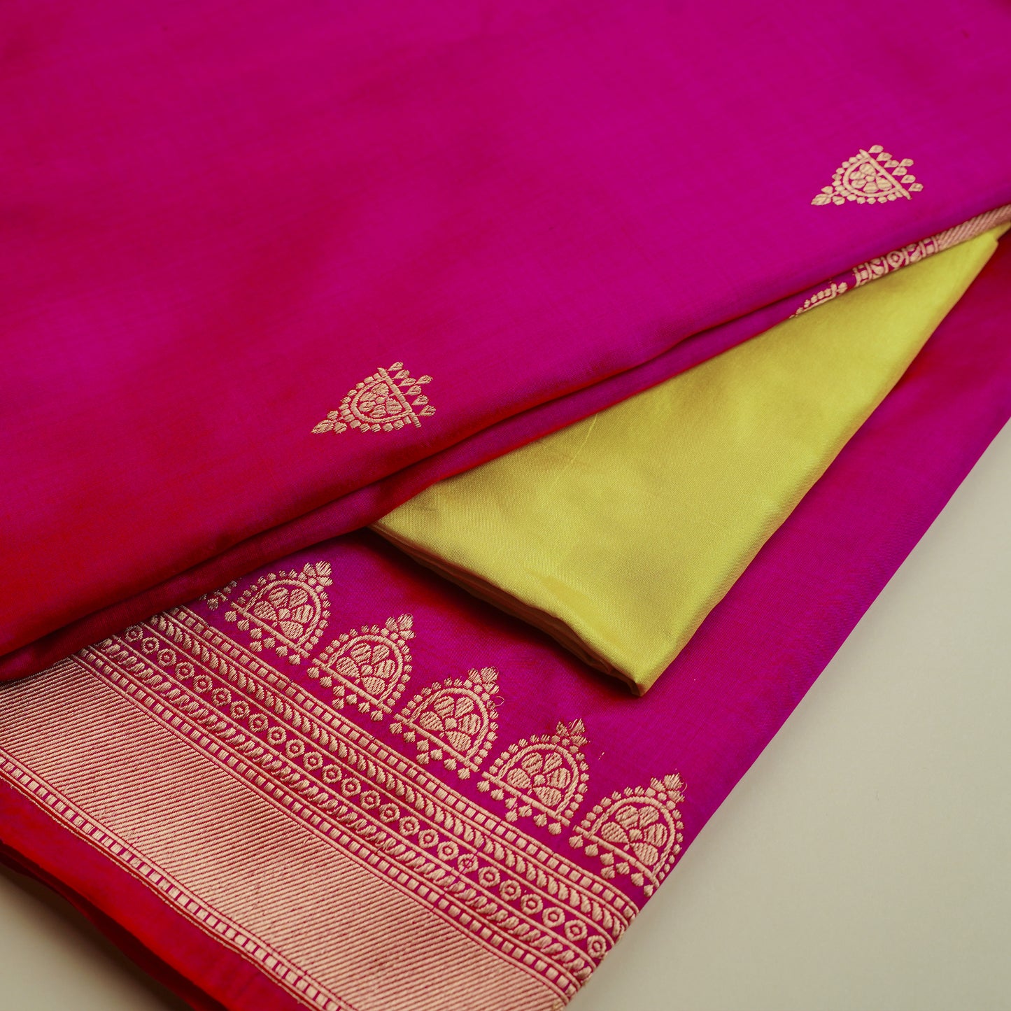 Pink silk saree with yellow blouse
