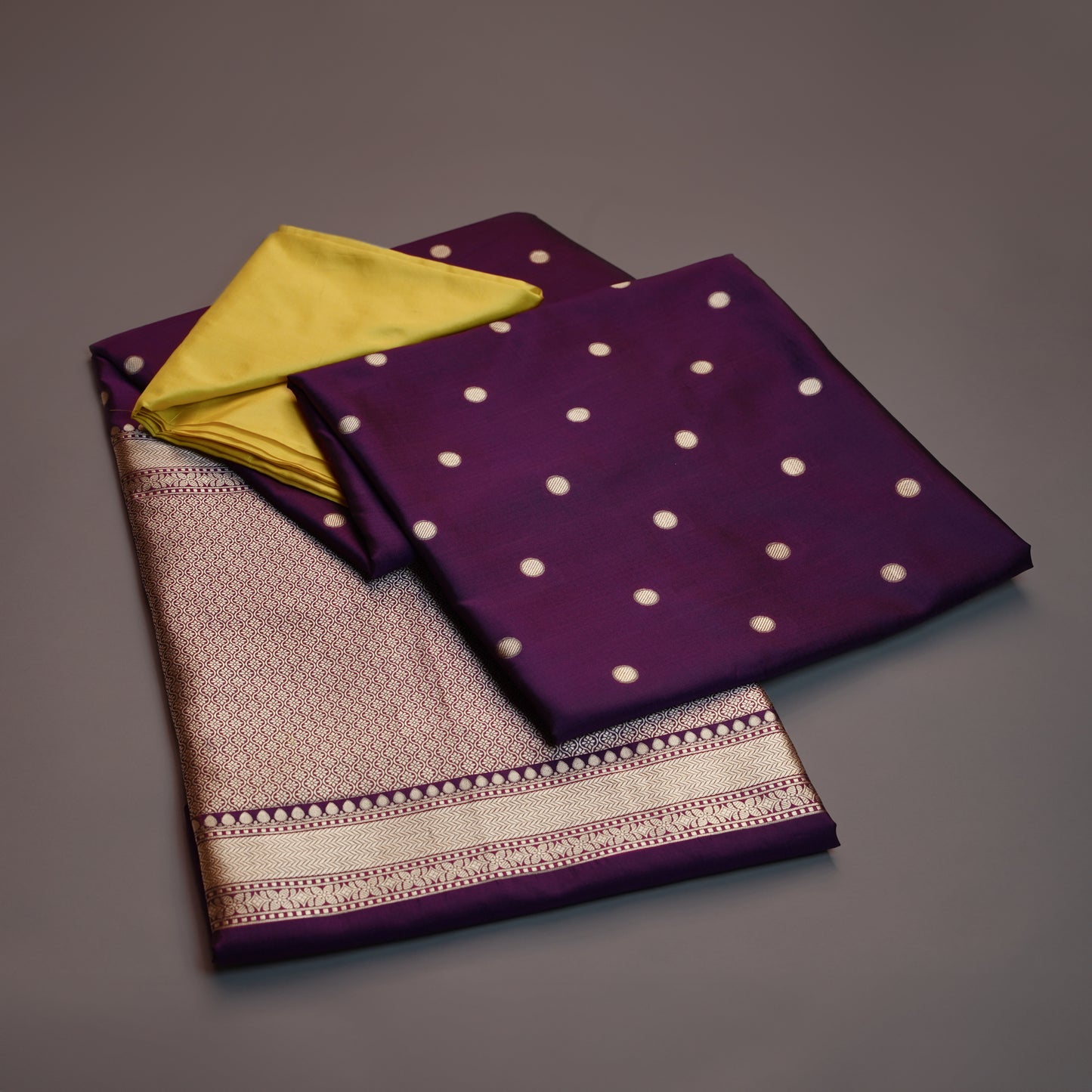 Banarasi Purple Silk Saree with Yellow Blouse