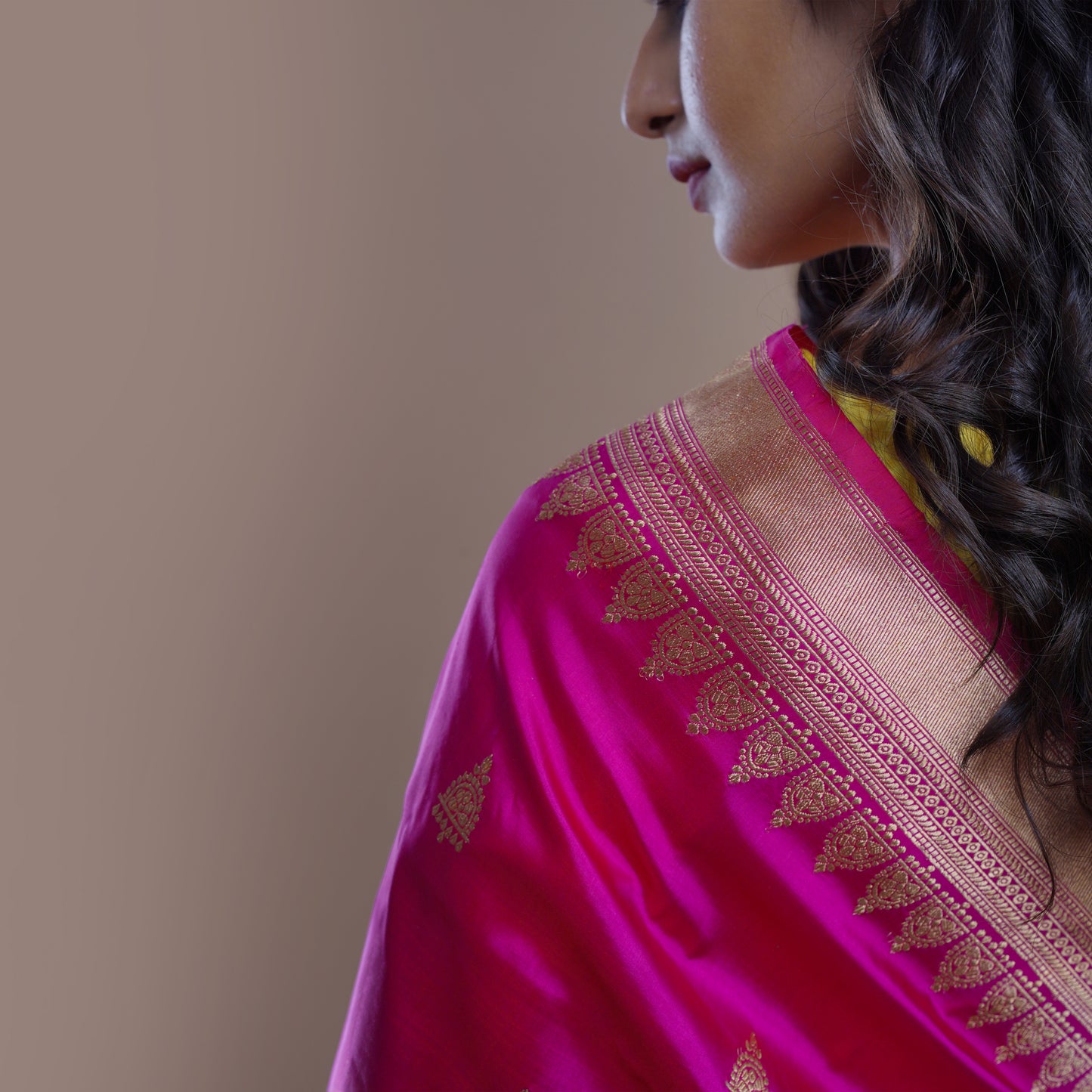 Pink silk saree with contrast blouse