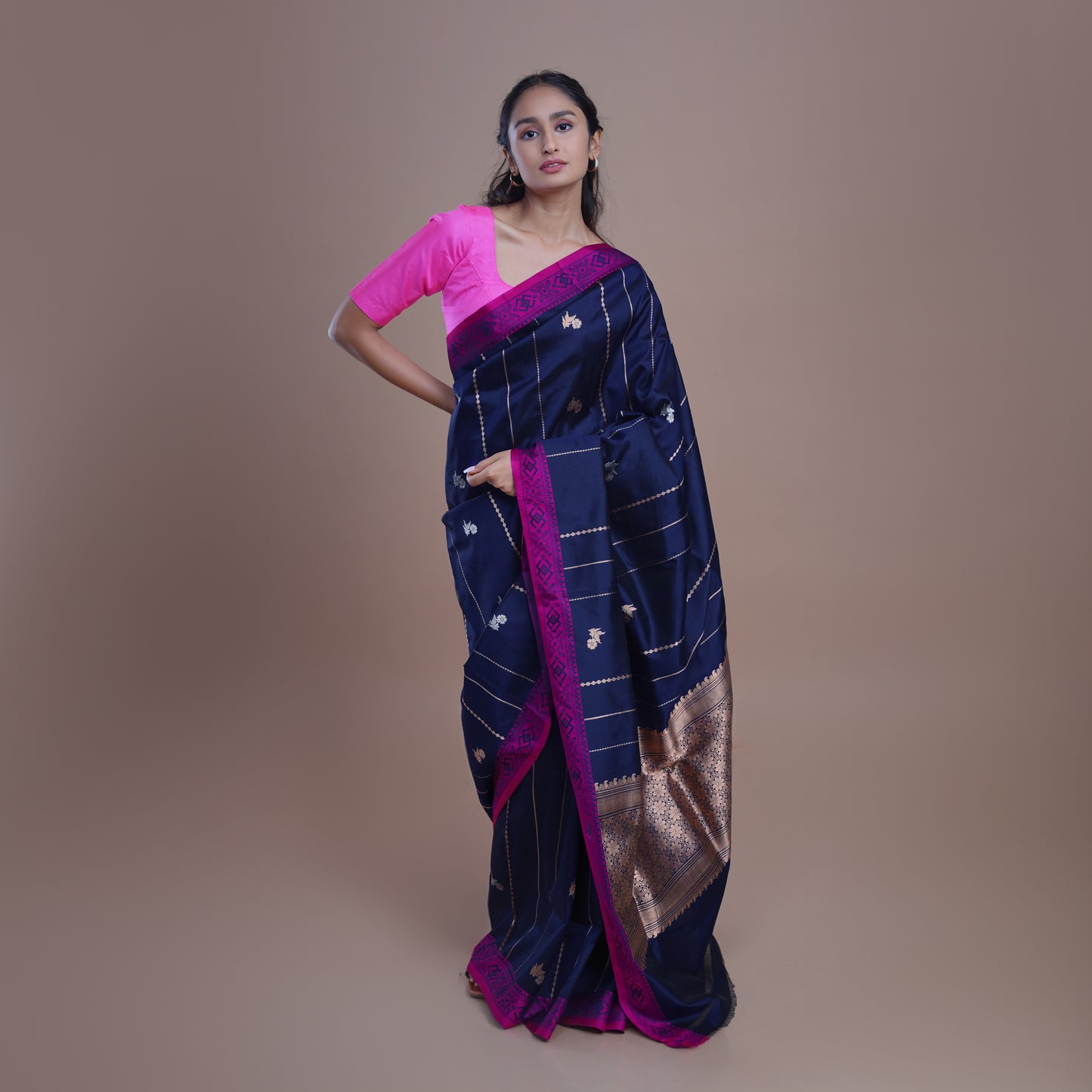 Ink Blue Colour Saree with Pink Border