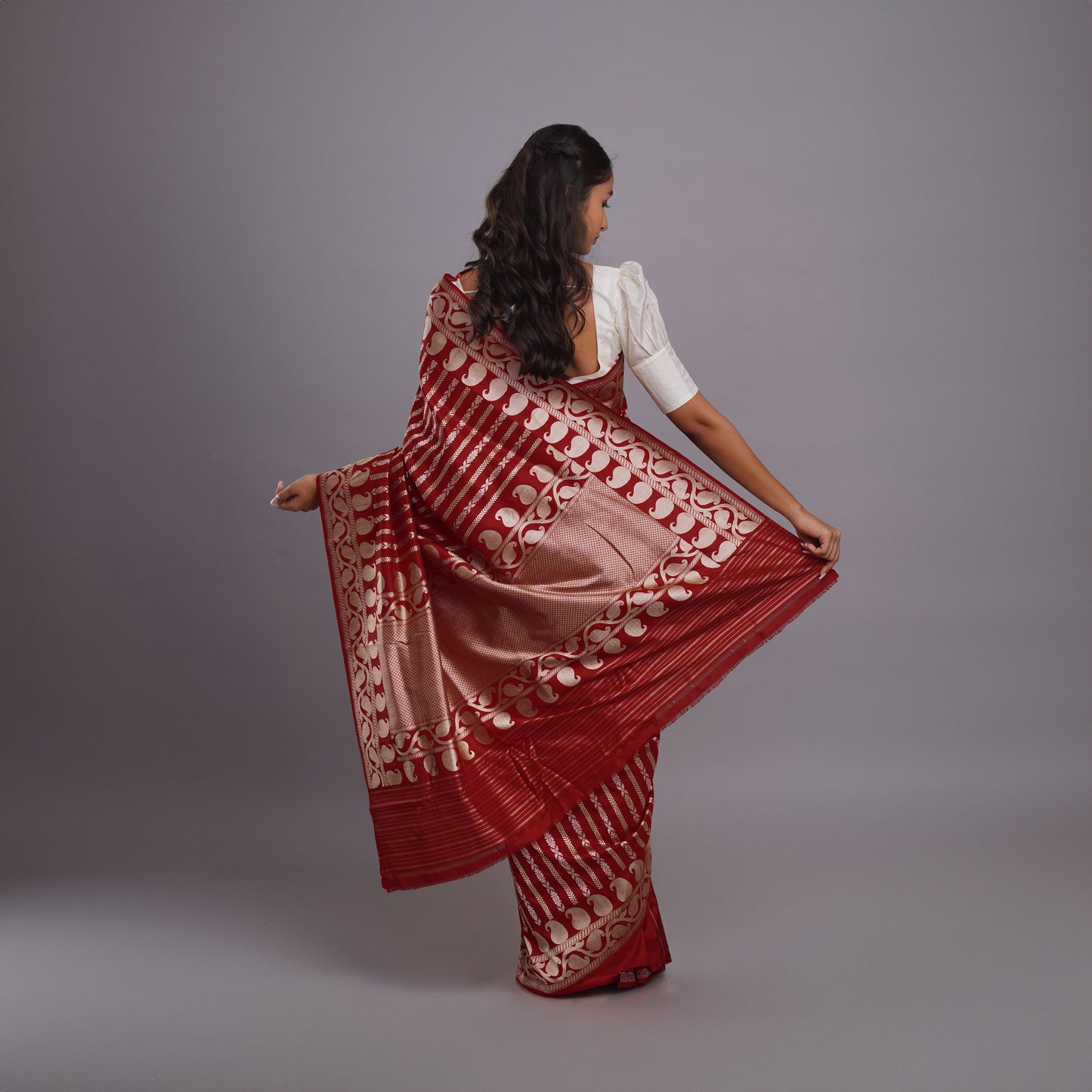 Deep Red Banarasi Silk Saree with Paisley Motifs