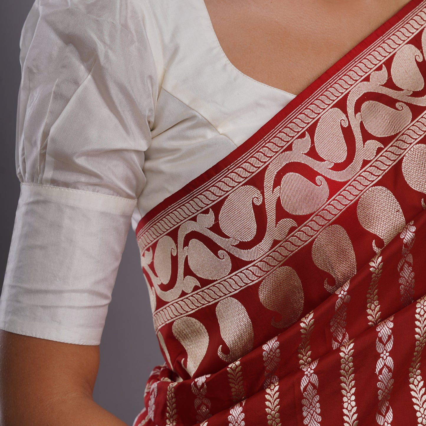 Red Banarasi Saree With Contrast Blouse