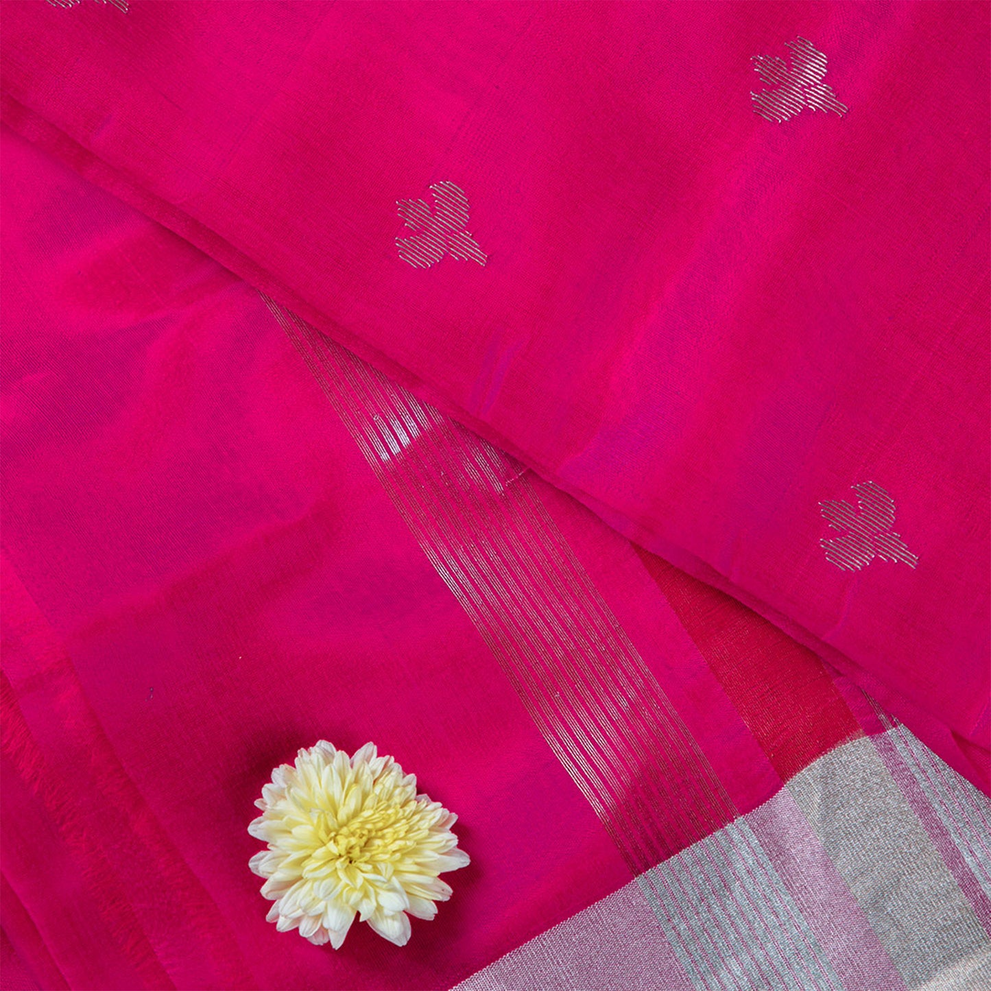 Fuschia Pink Silk Chanderi Saree with Silver Tulip Motifs