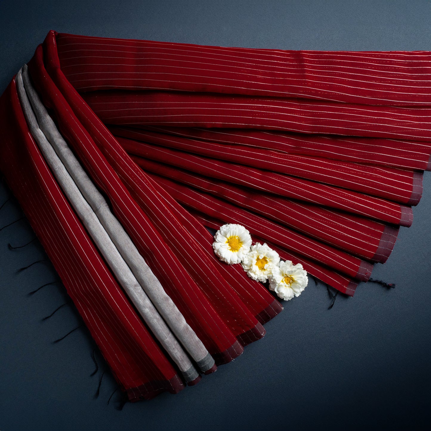Maroon Cotton Maheshwari Saree with Silver Pinstripes