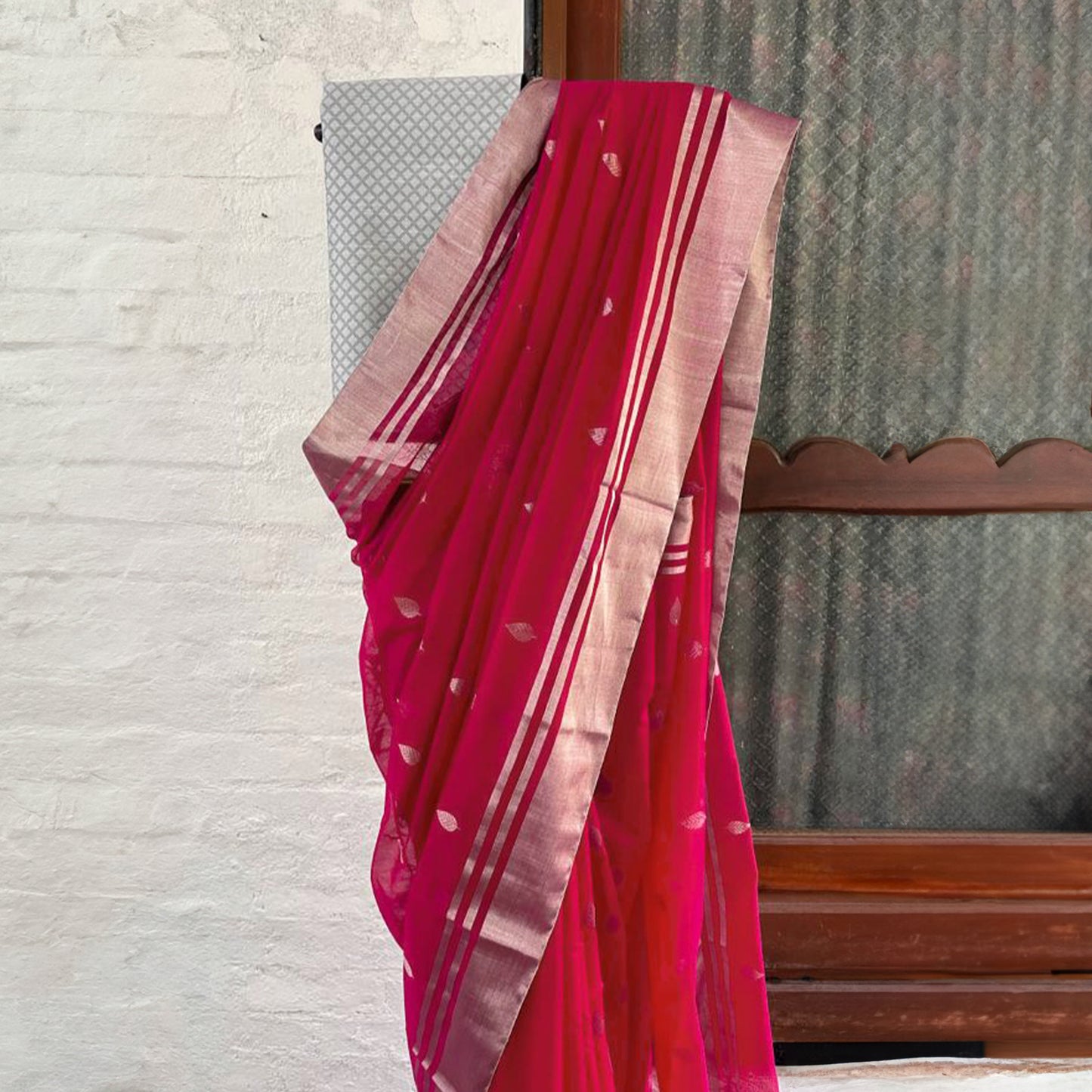 Pink Silk Chanderi Saree with Silver Stripes