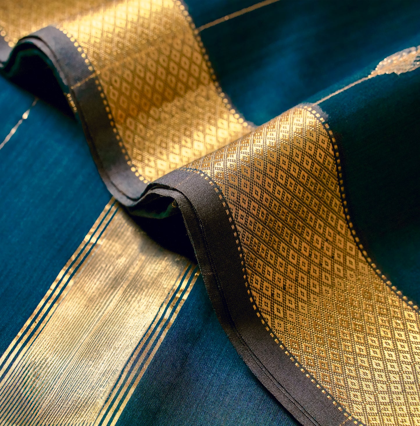 Peacock Blue Colour Chanderi Saree with Gold Stripes