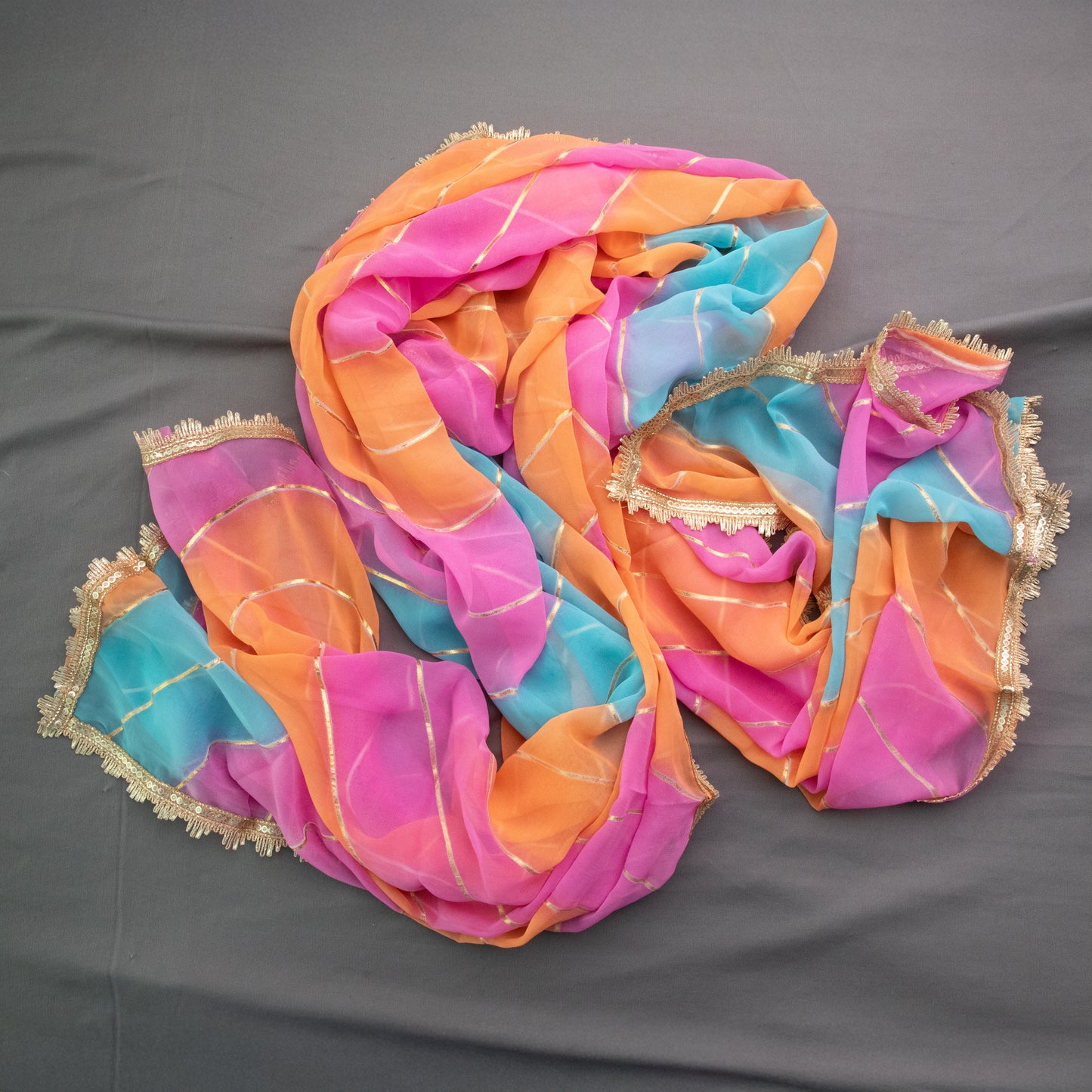 ANITA - Pink / Blue / Gold Striped Georgette Dupatta