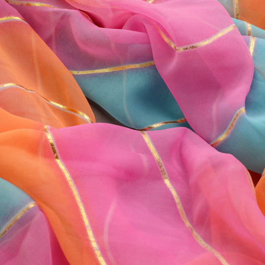 Pink, Blue and Gold Striped Georgette Dupatta