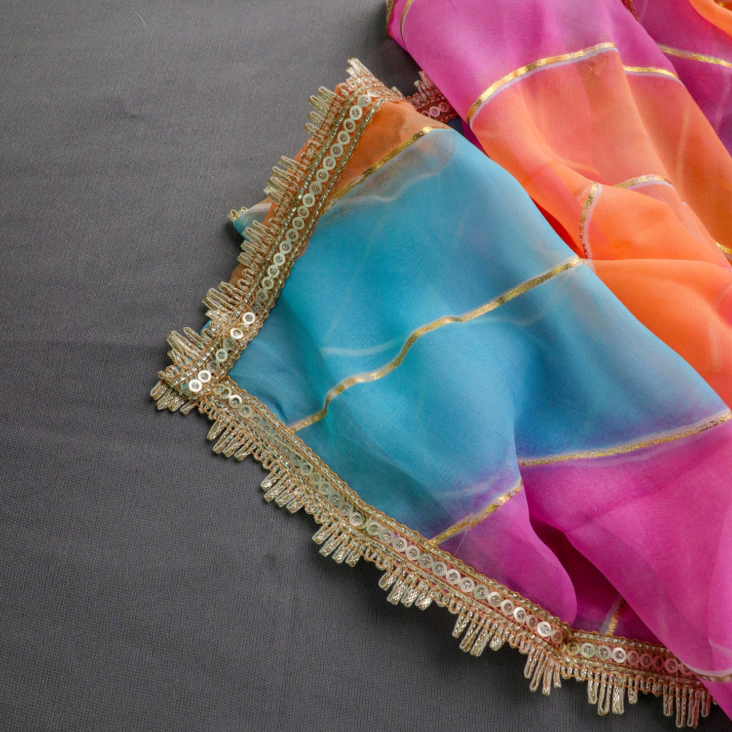 Pink / Blue / Gold Striped Dupatta - Anilaa