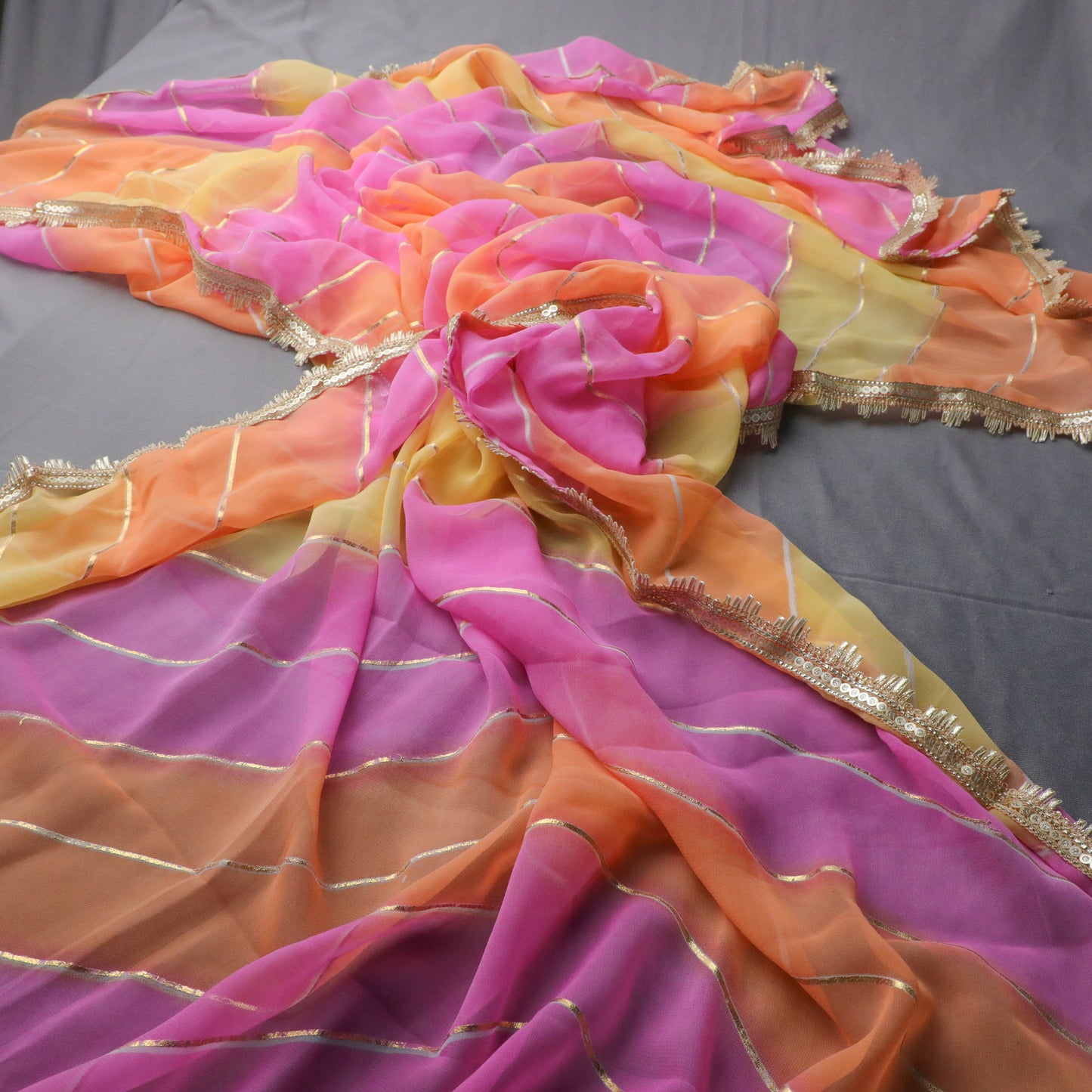 Pink, Orange & Gold Striped Georgette Dupatta