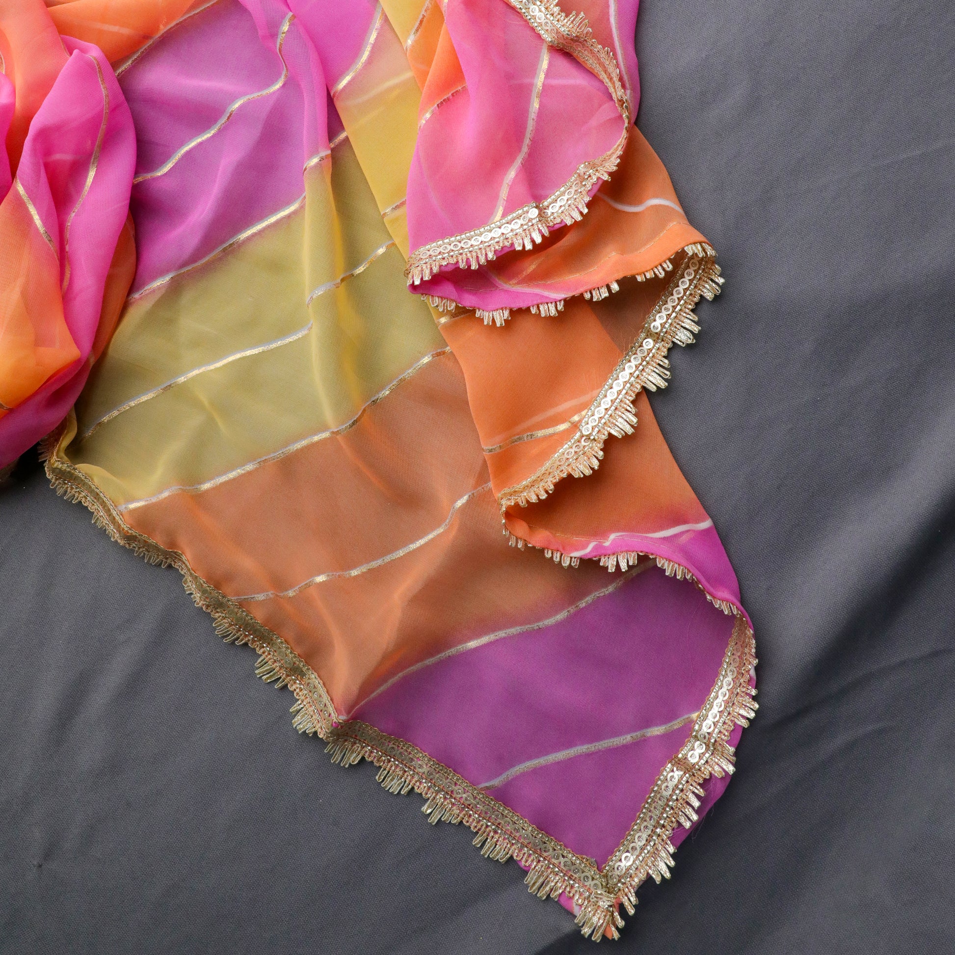 Pink, Orange & Gold Striped Dupatta with Golden Border