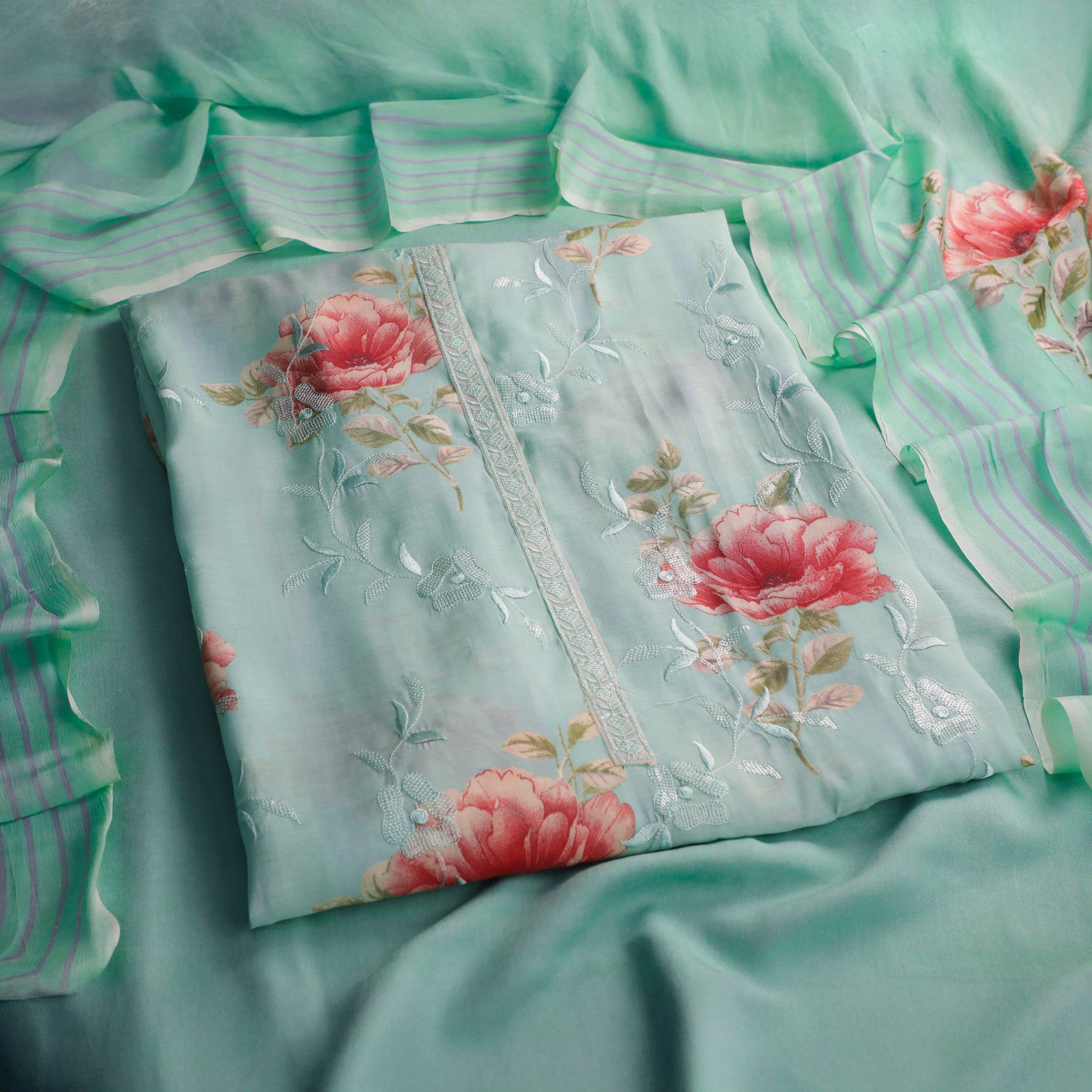 Sea Green Cotton Silk Suit Set - Dress Material