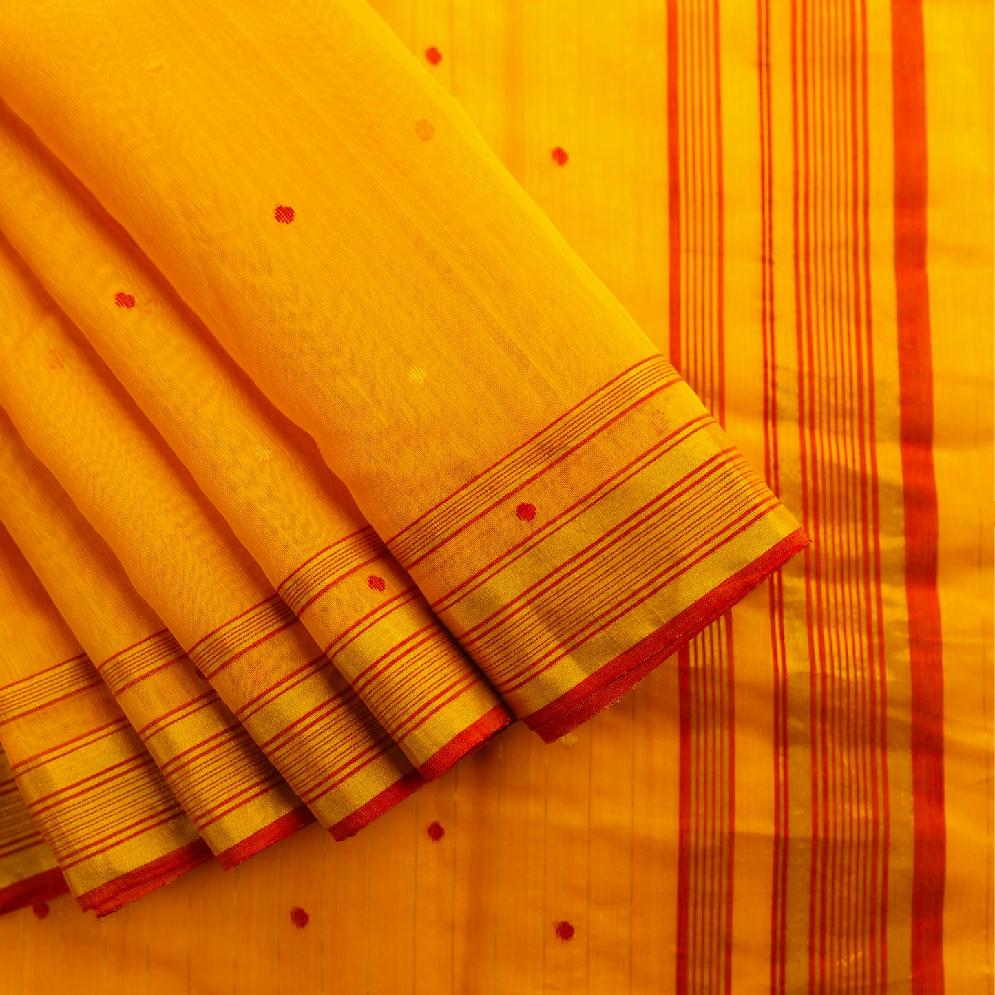 BASANT - Yellow Cotton Silk Chanderi Saree with Maroon Buttis