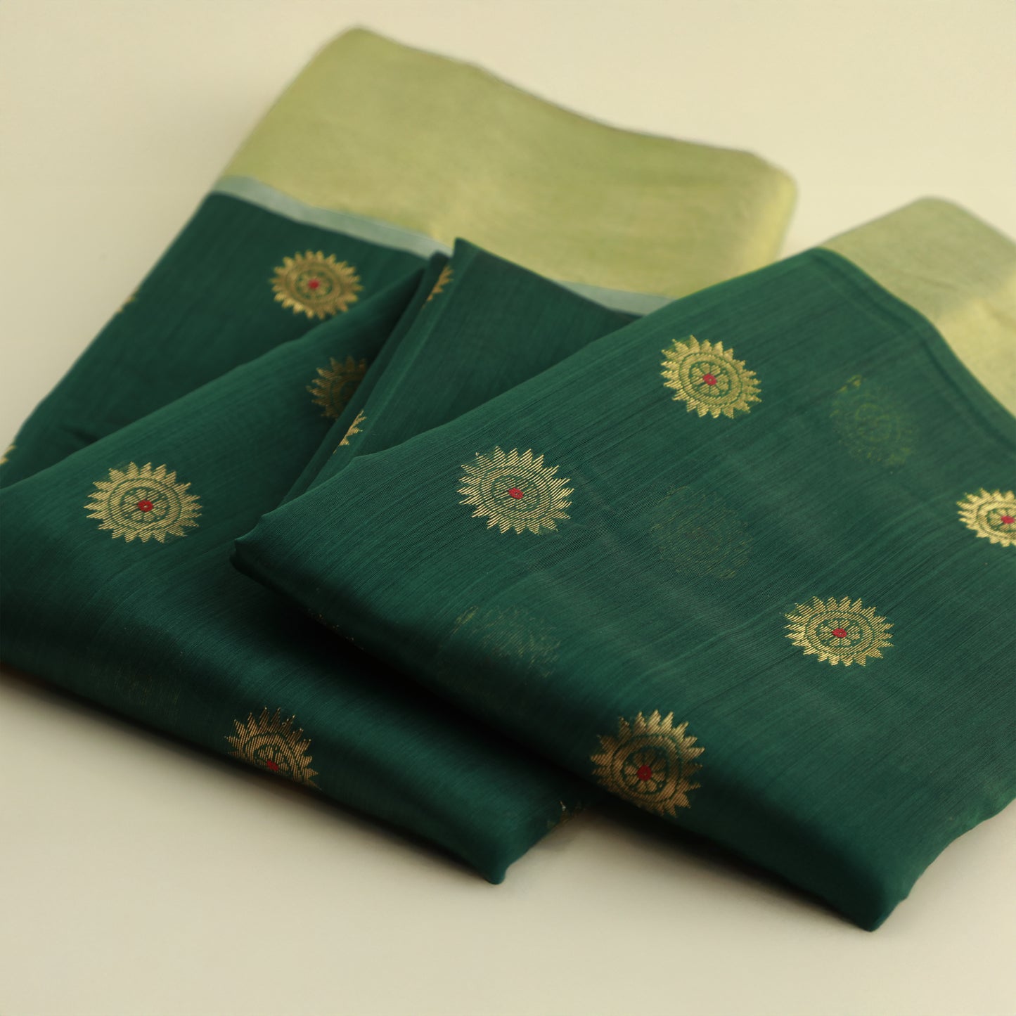 BAHAR - Dark Green Cotton Silk Chanderi Saree with Golden Buttis