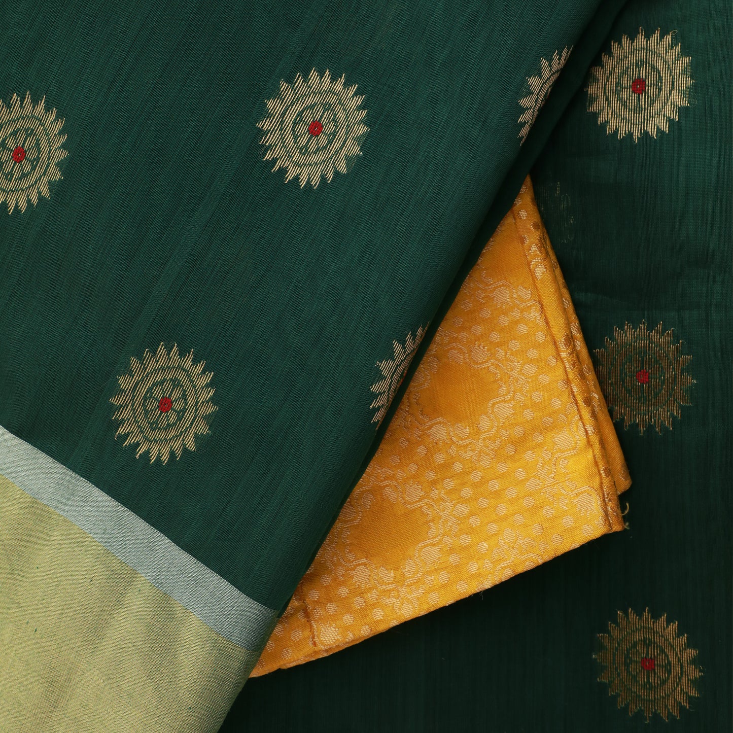 BAHAR - Dark Green Cotton Silk Chanderi Saree with Golden Buttis