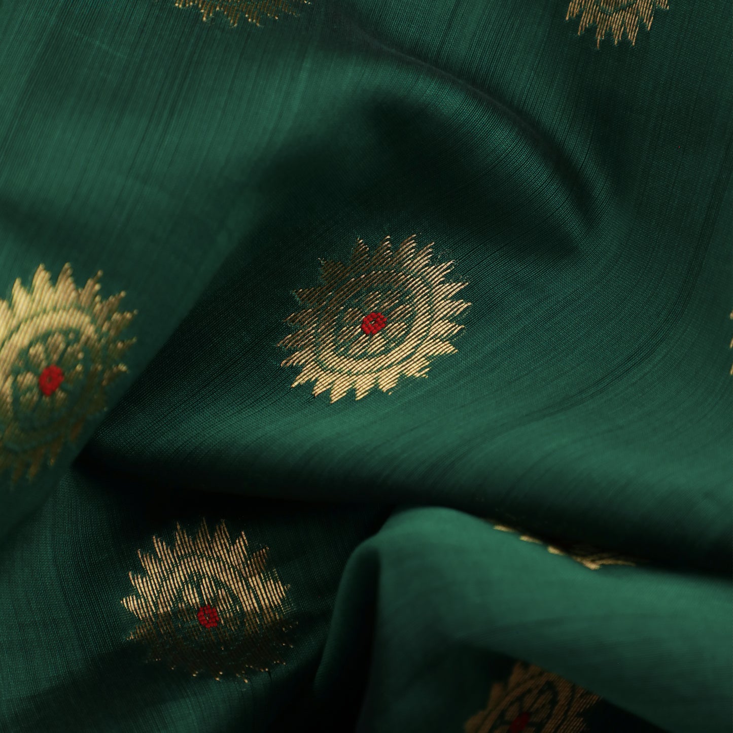 BAHAR - Dark Green Cotton Silk Chanderi Saree with Golden Buttis