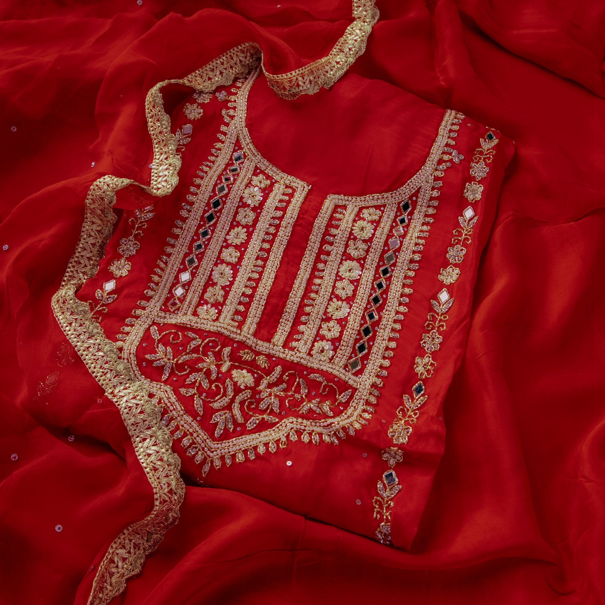 Red Glass Organza Silk Kurta Suit Set