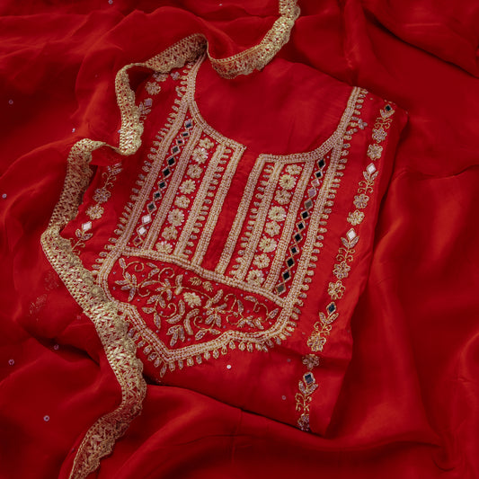 Red Glass Organza Silk Kurta Suit Set