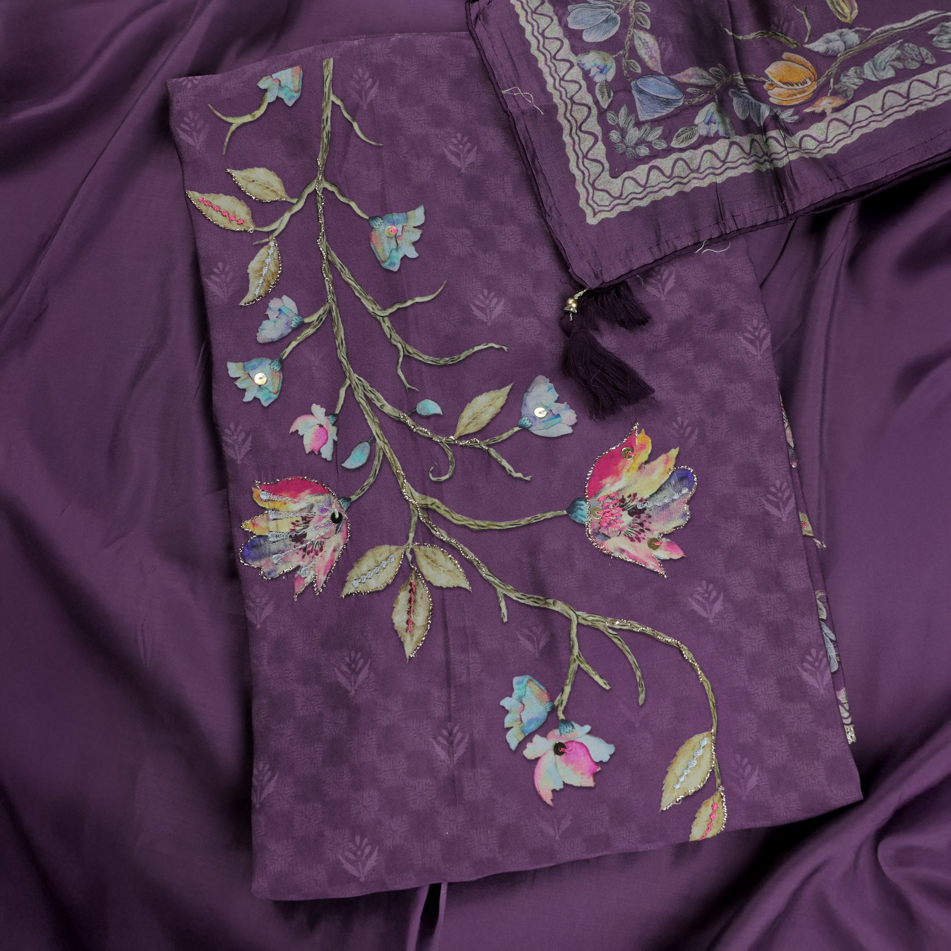 Purple Muslin Silk Kurta Suit Set