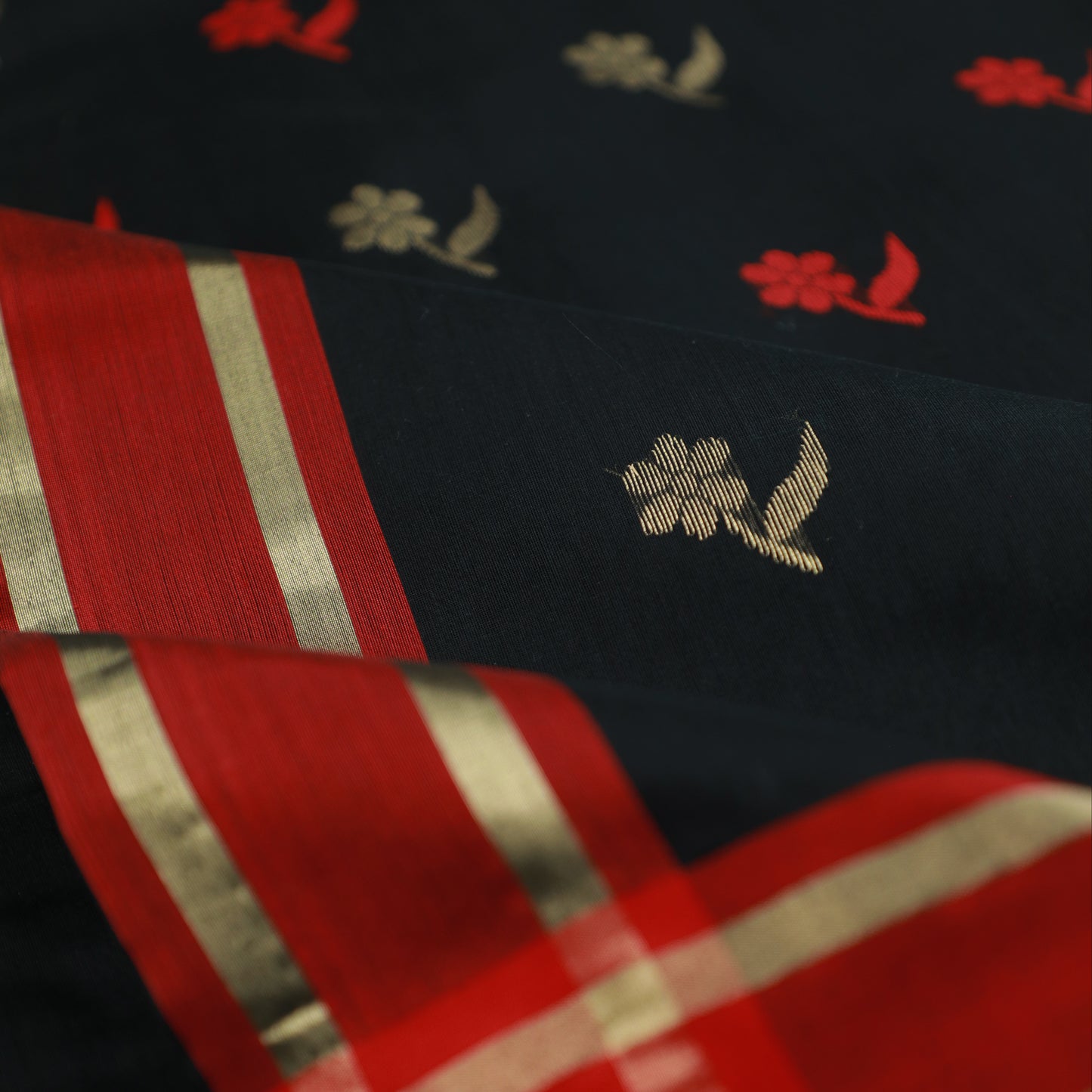 SHYAM - Black Cotton Silk Chanderi Saree with Red Border