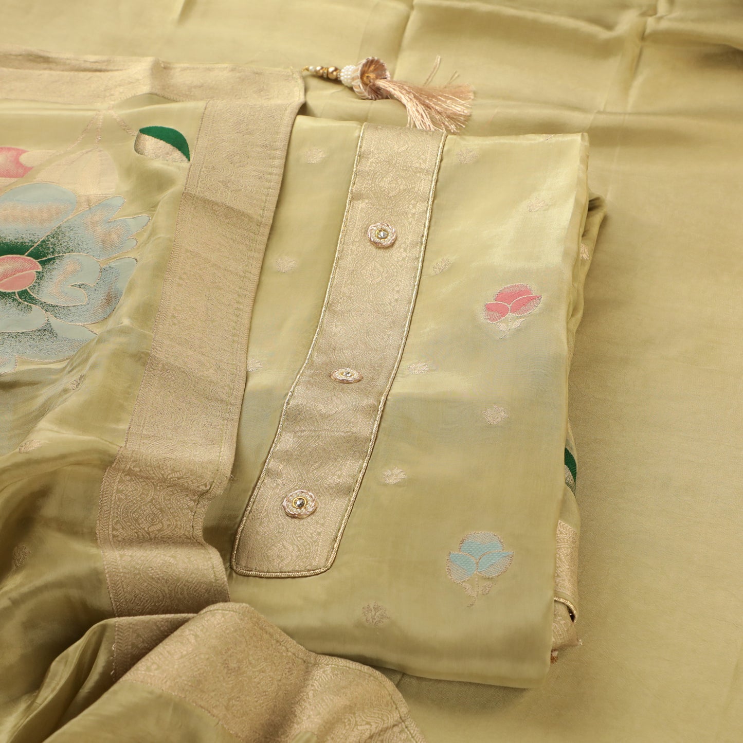 Light Pista Banarasi Kurta Suit Set