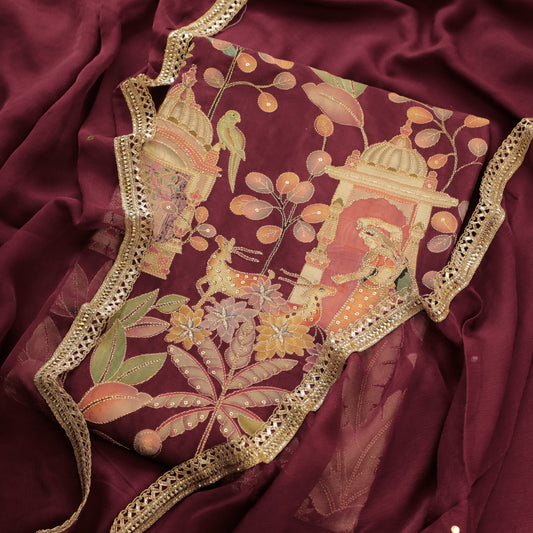 Maroon Glass Organza Kurta Set - Dress Material