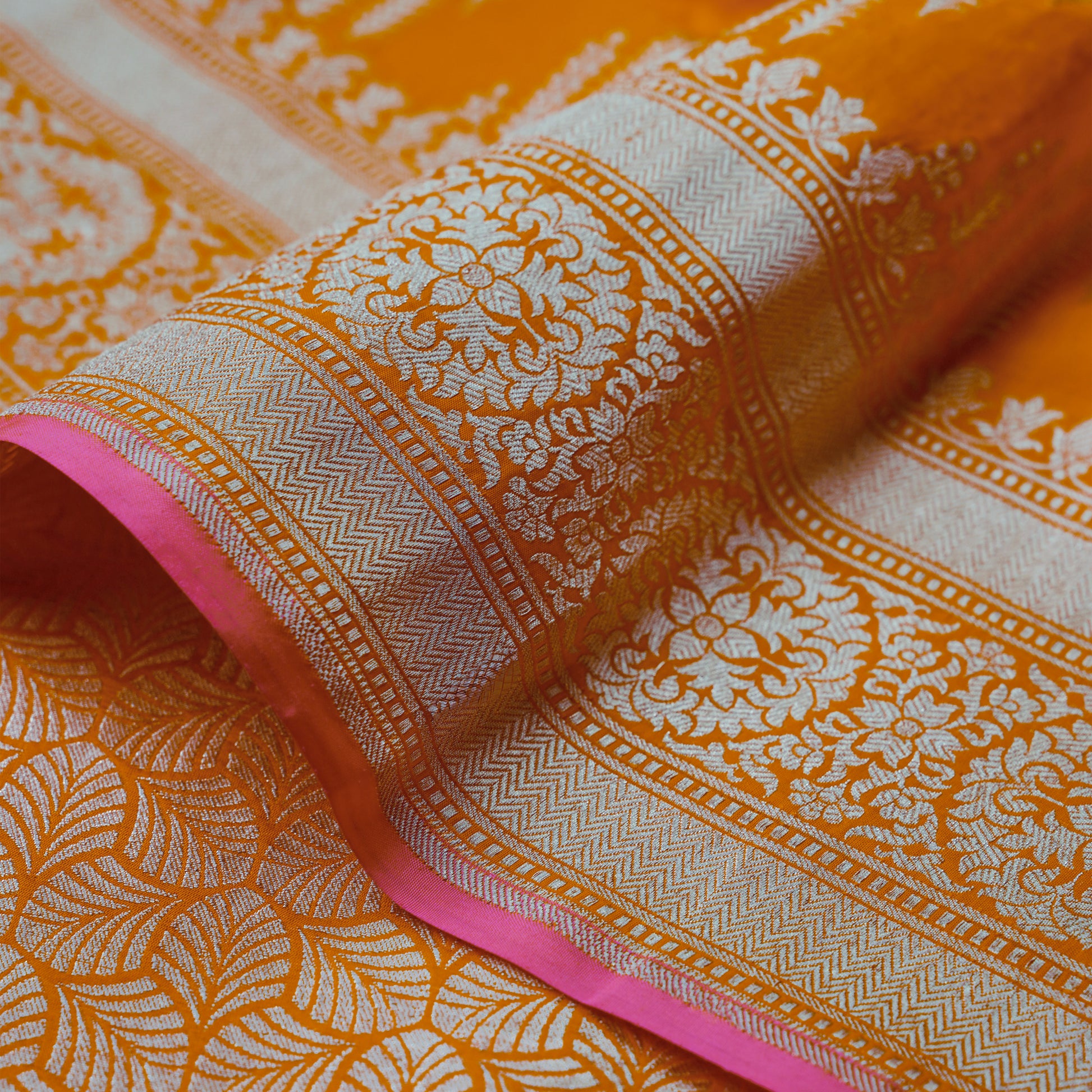 Orange Banarasi Silk Saree with Pink Tipping