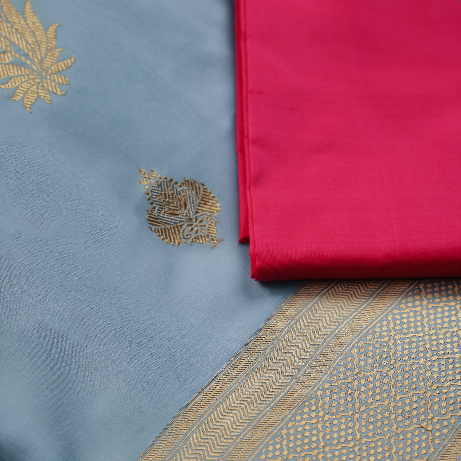 Pure Silk Powder Blue Banarasi Saree with Pink Blouse