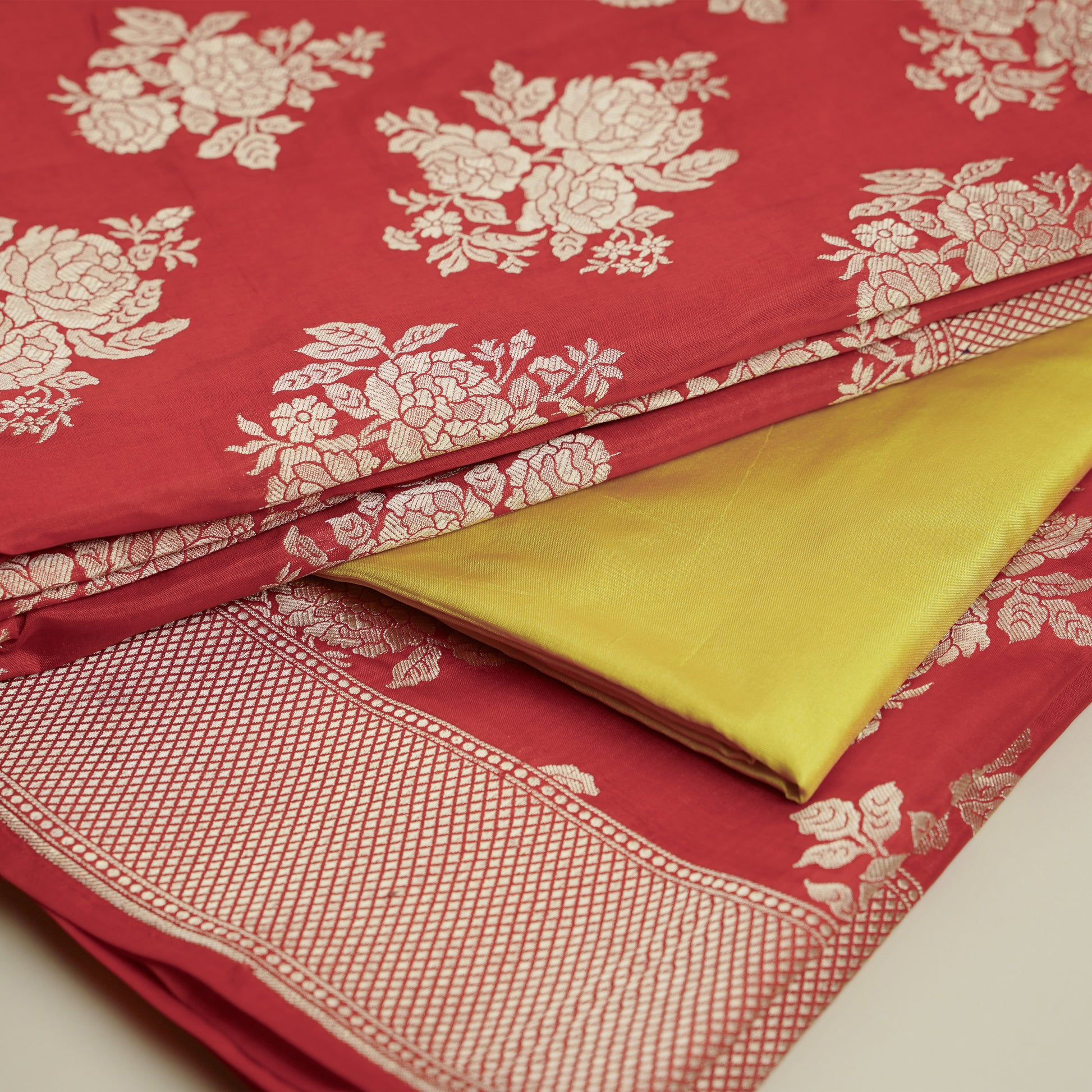 Banarasi Bright Red Silk Saree with Contrast Blouse