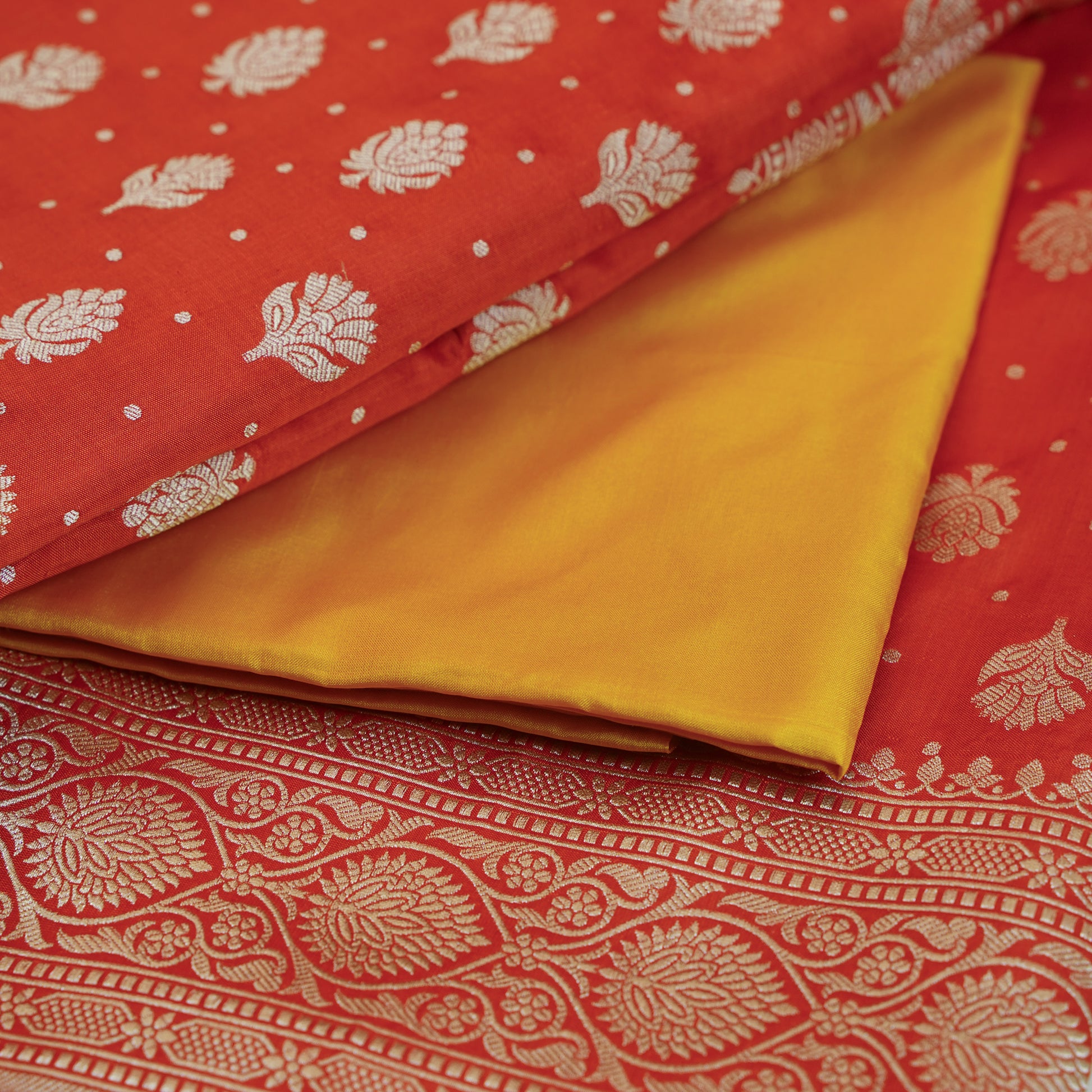 Banarasi Rust Colour Silk Saree with Contrast Blouse