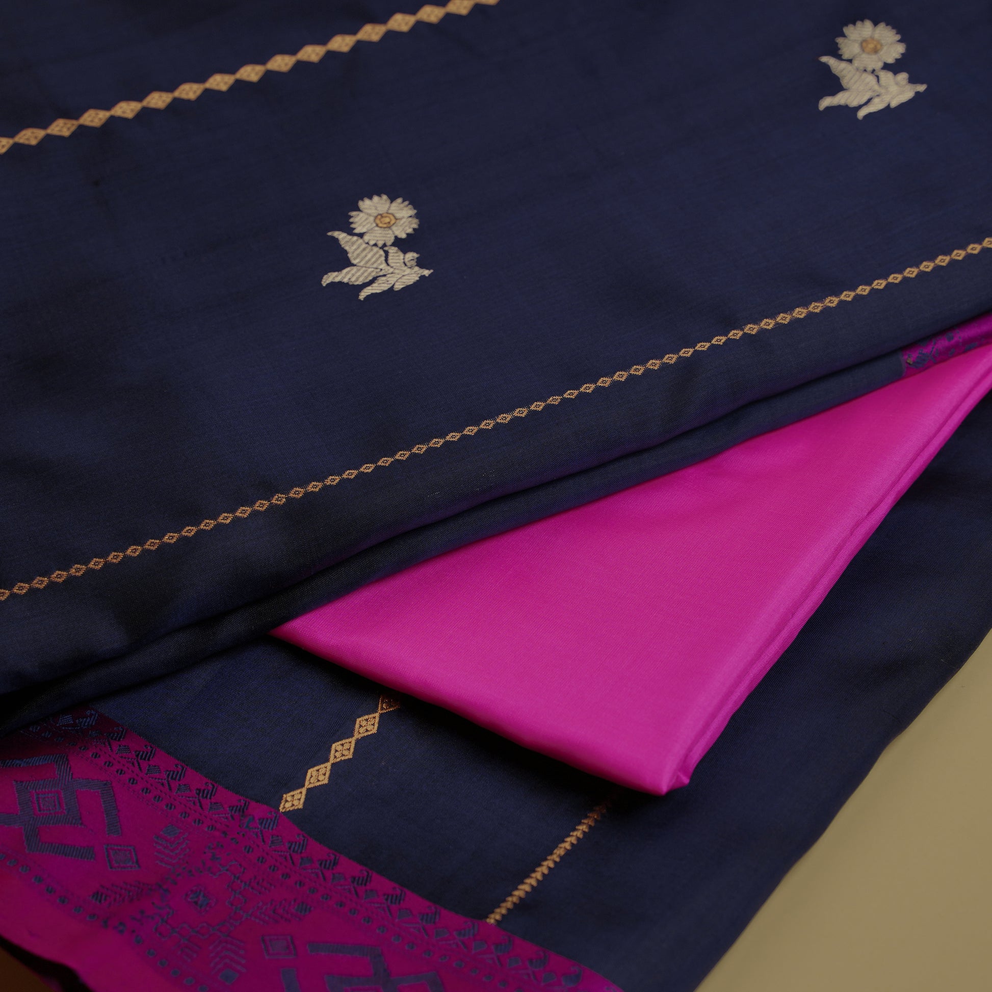 Banarasi Ink Blue Saree Contrast Blouse