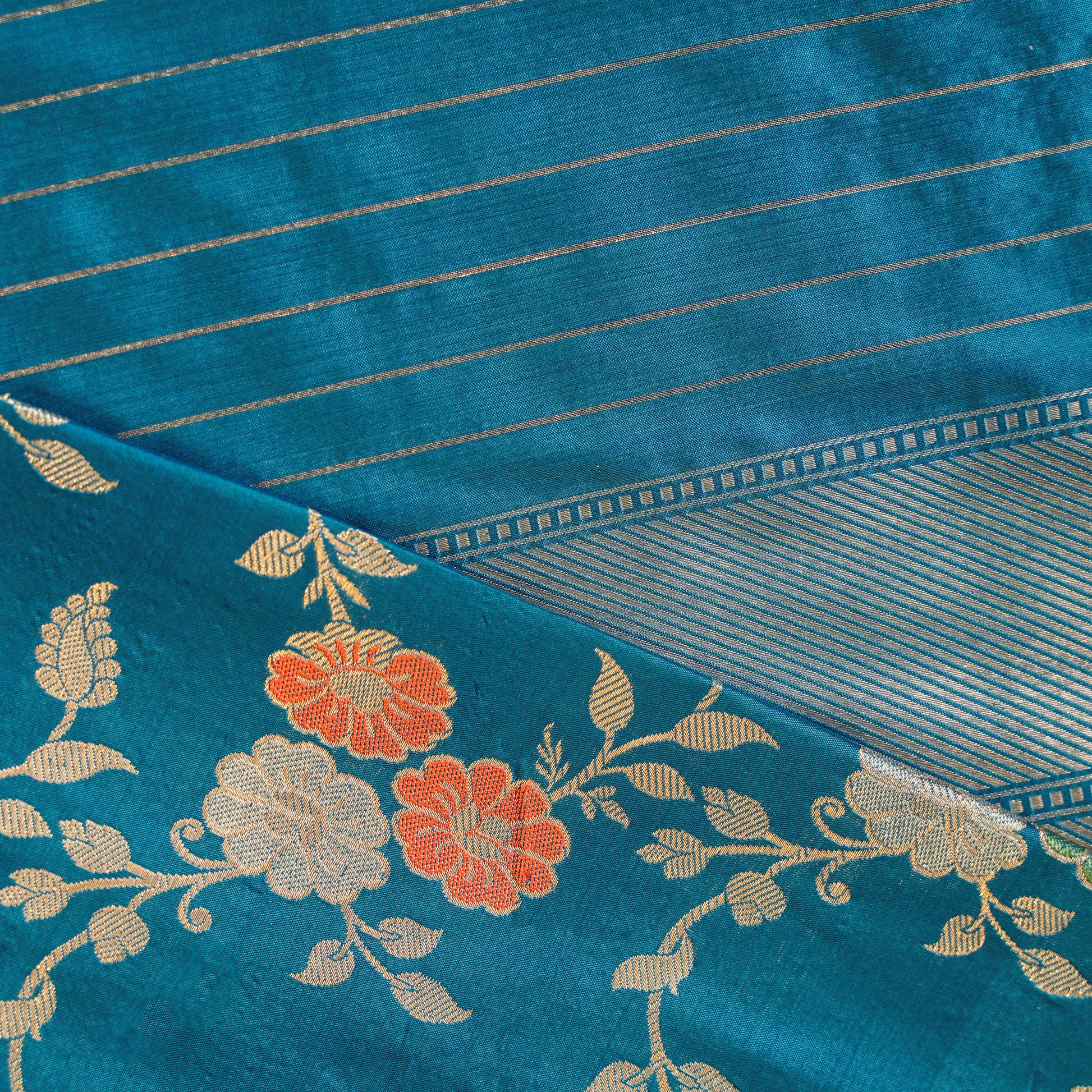Electric Blue Banarasi Silk Saree with flower design