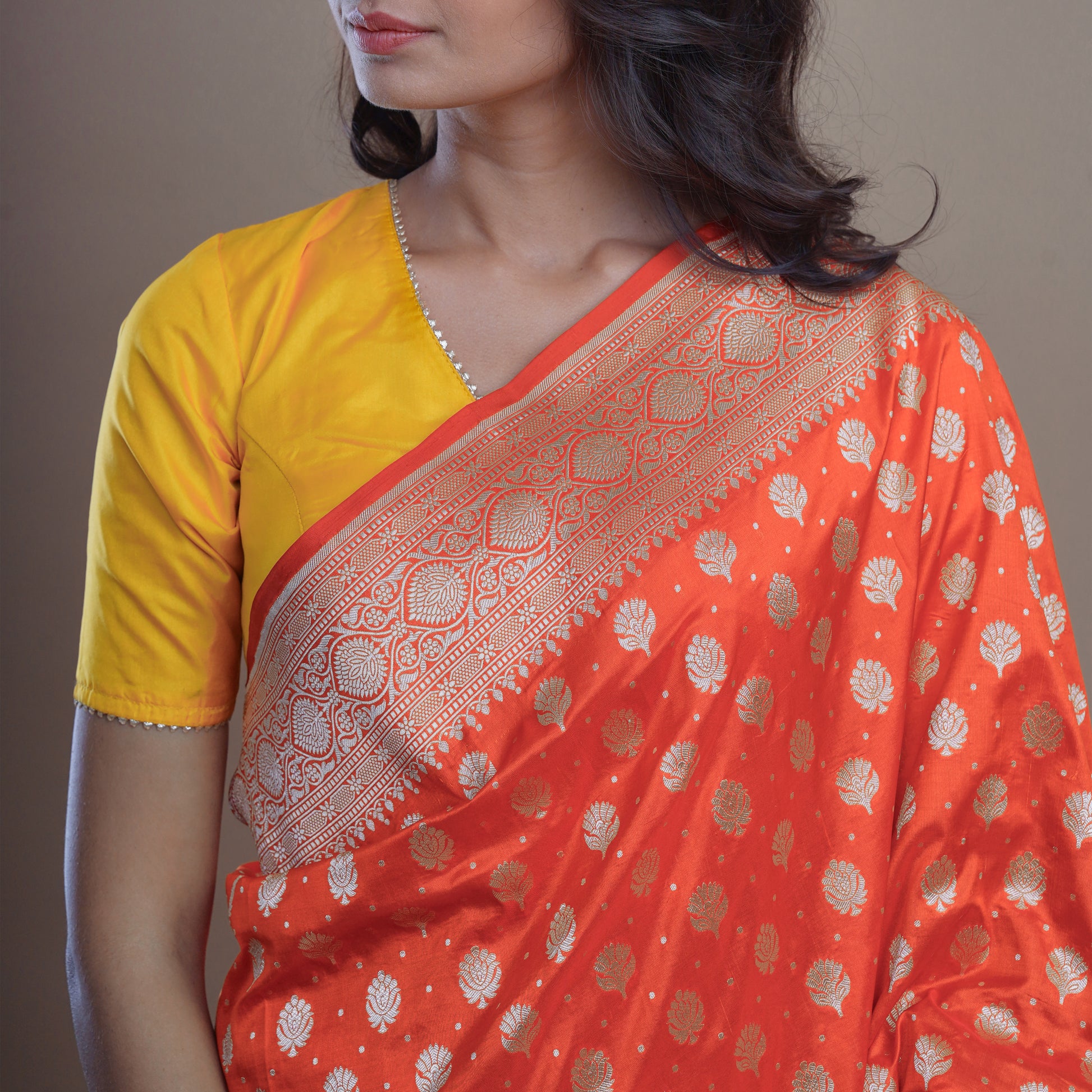 Rust Banarasi Saree with Gold Border