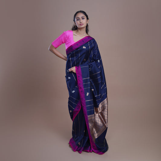 Ink Blue Colour Saree with Pink Border