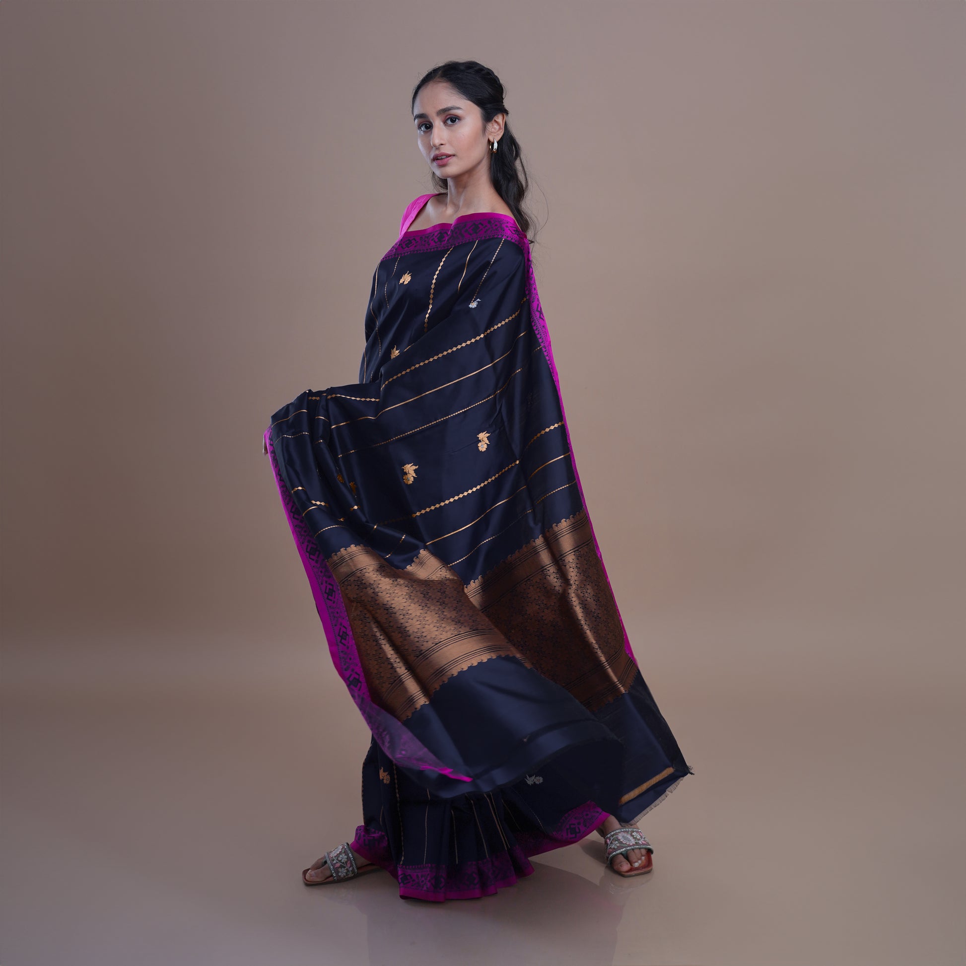 Ink Blue Banarasi Silk Saree with Copper Pallu