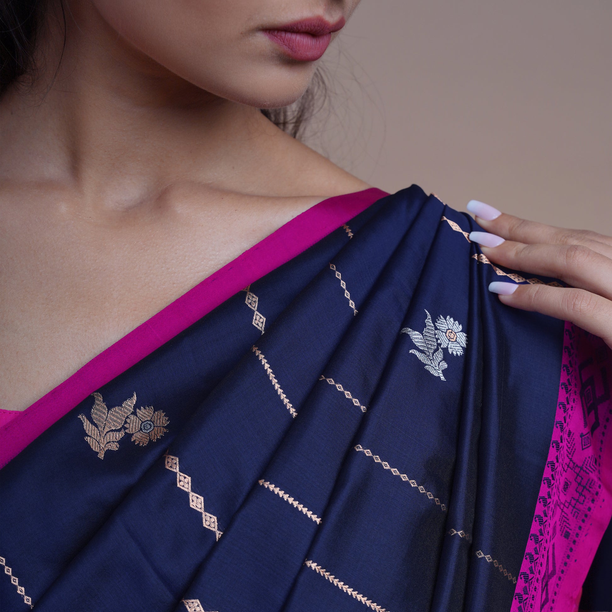 Ink Blue Silk Saree Buttis And Stripes