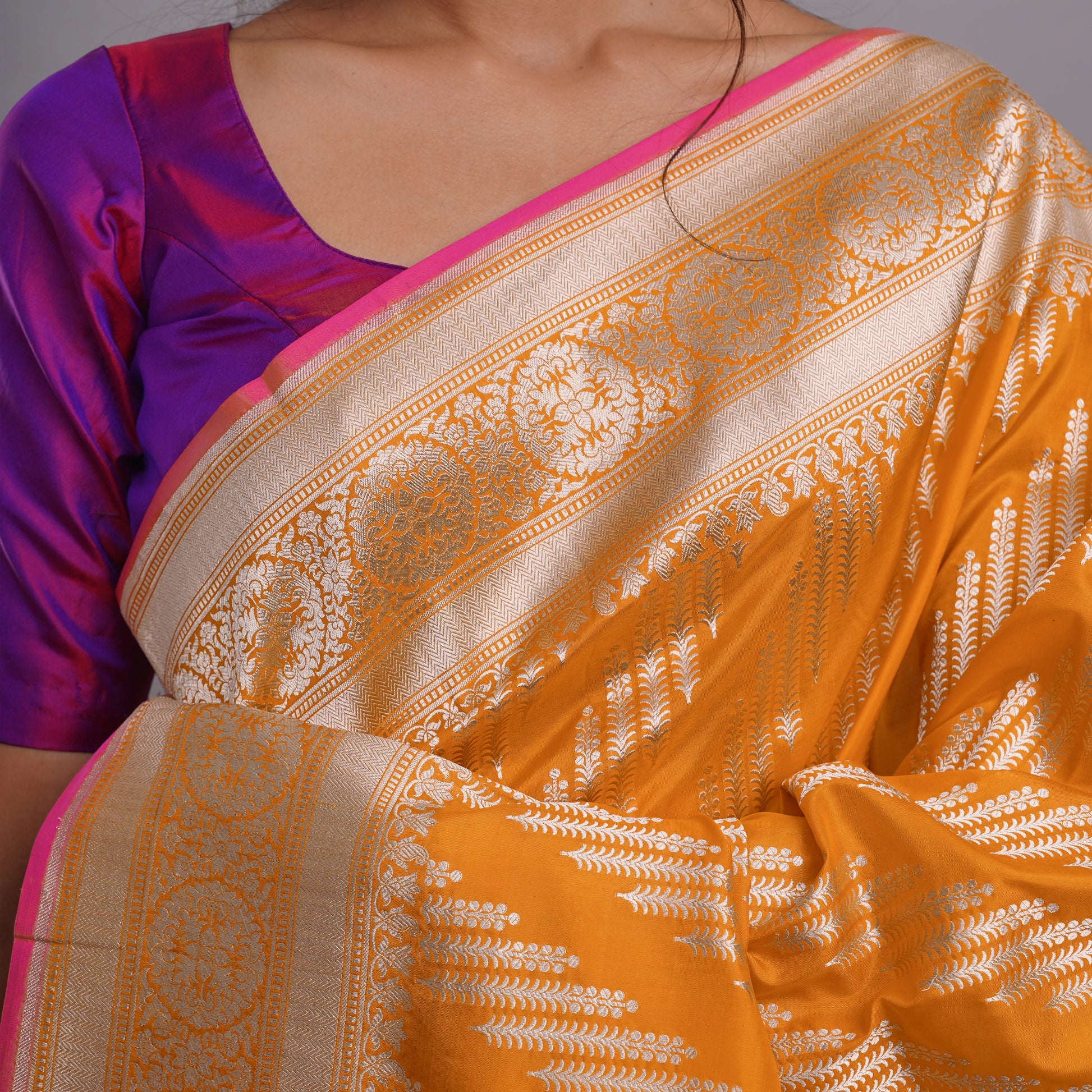 Orange Banarasi Silk Saree with Golden Border
