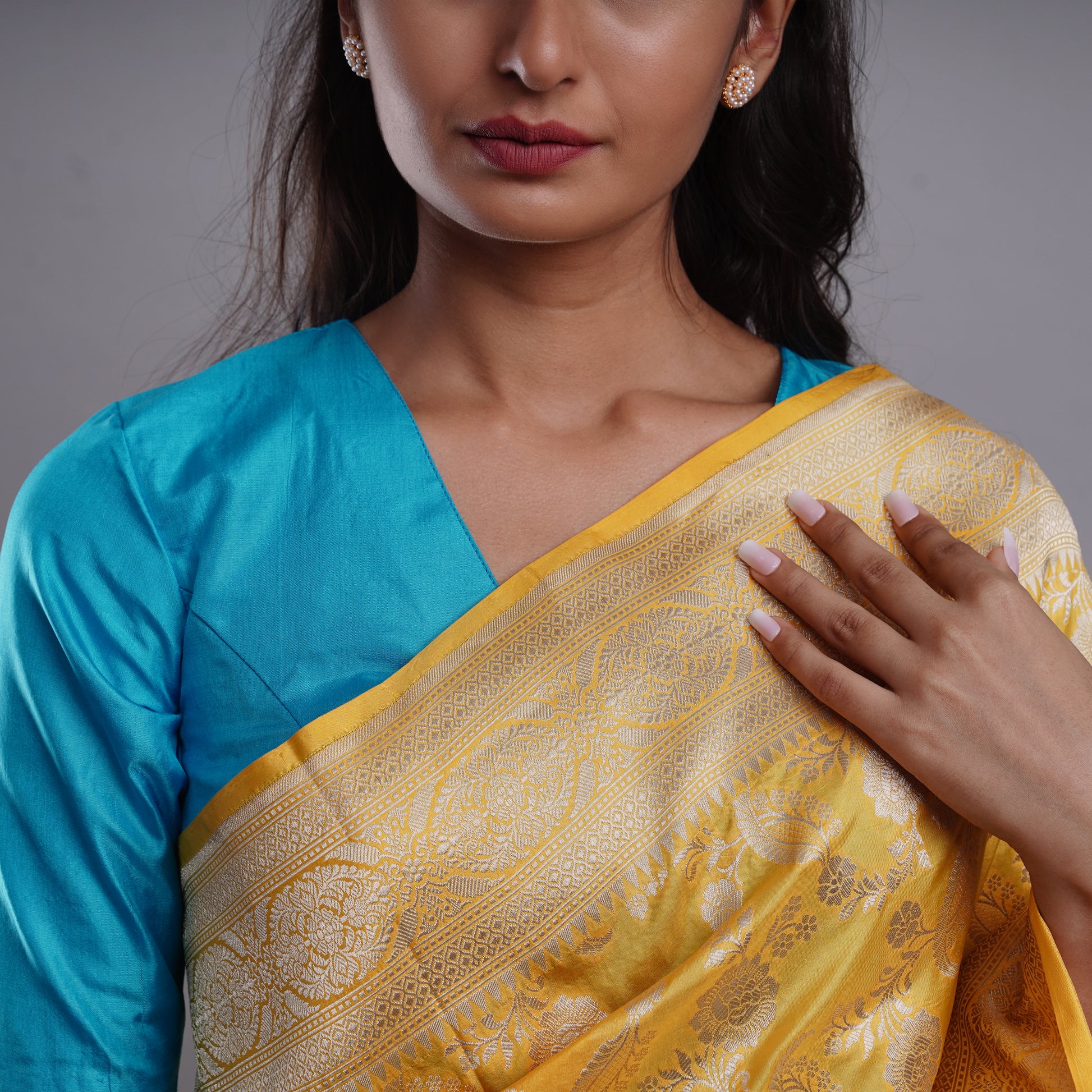 Yellow Banarasi Silk Saree with Blue Blouse