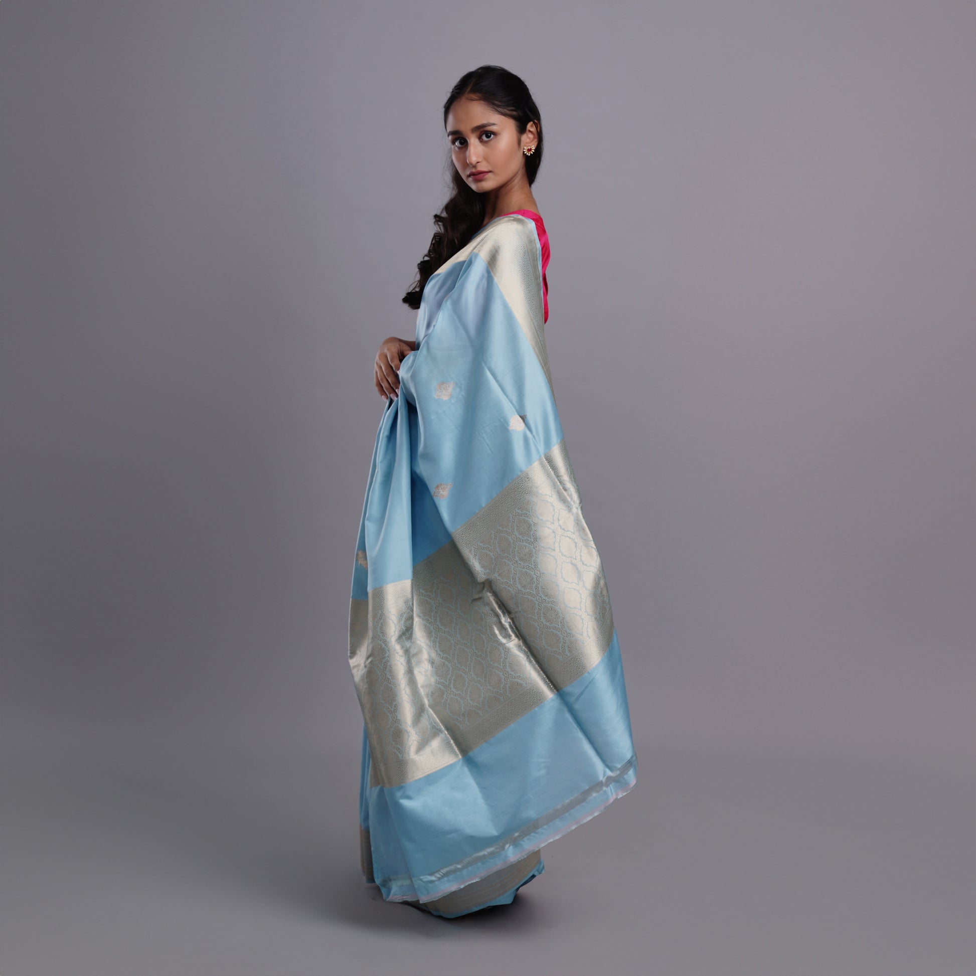 Powder Blue Colour Silk Banarasi Saree
