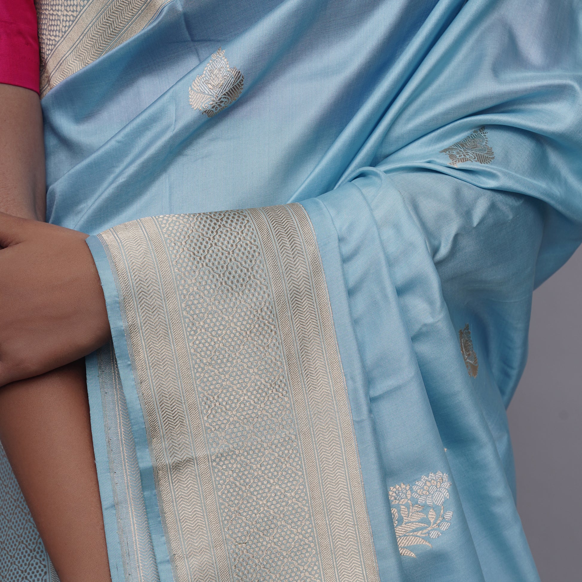 Powder Blue Banarasi Saree With Golden Border