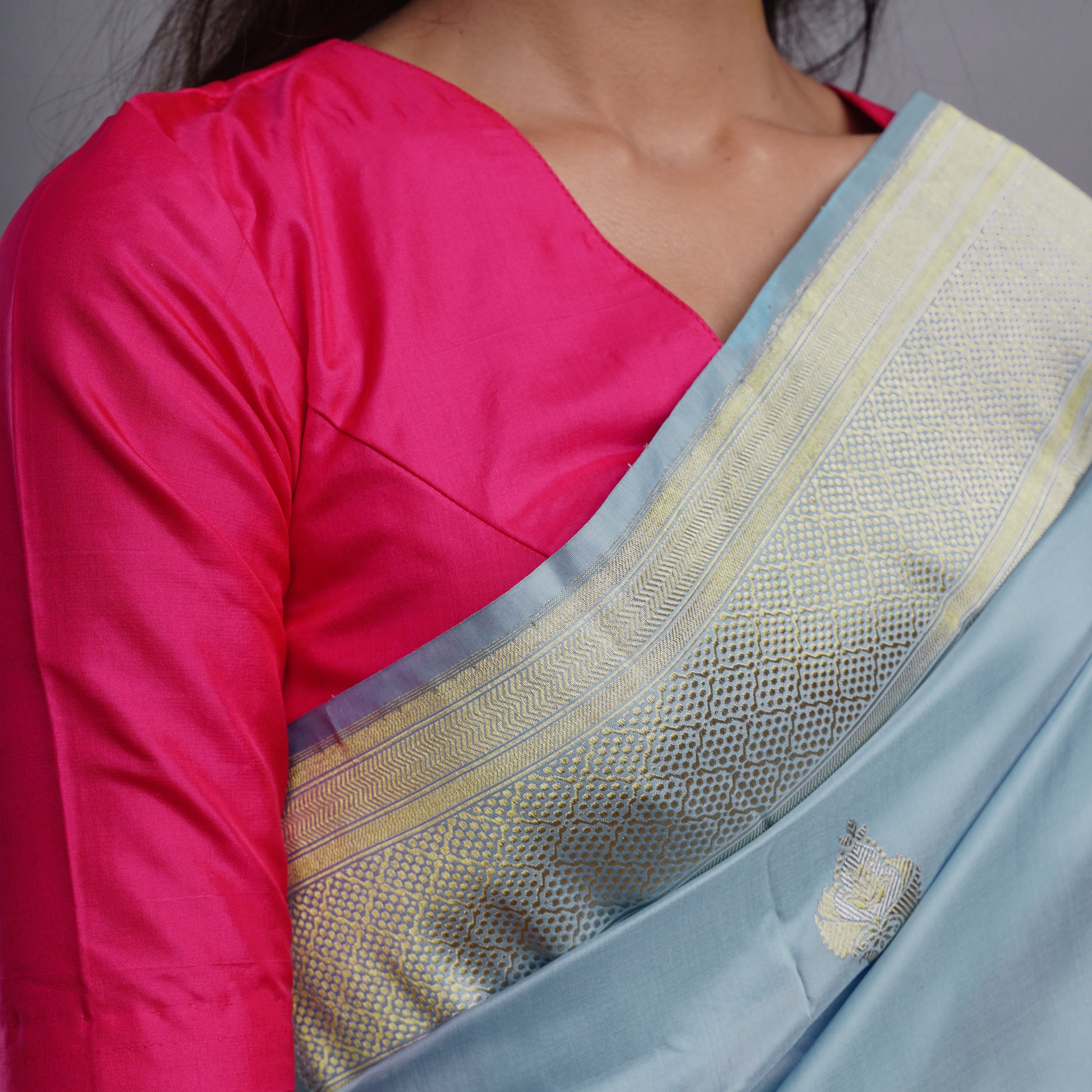 Pink Contrast Blouse with Blue Silk Saree
