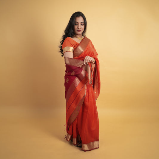 AANCHAL - Orange Cotton Maheshwari Silk Saree