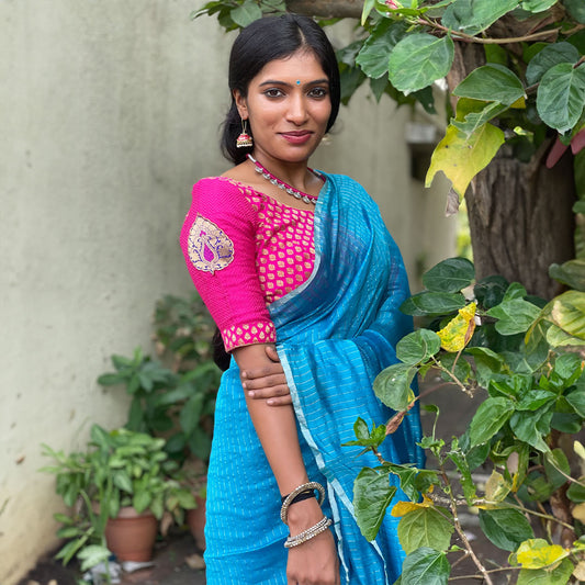 AASMAAN - Chanderi Turquoise Blue Cotton Saree with Contrast Blouse