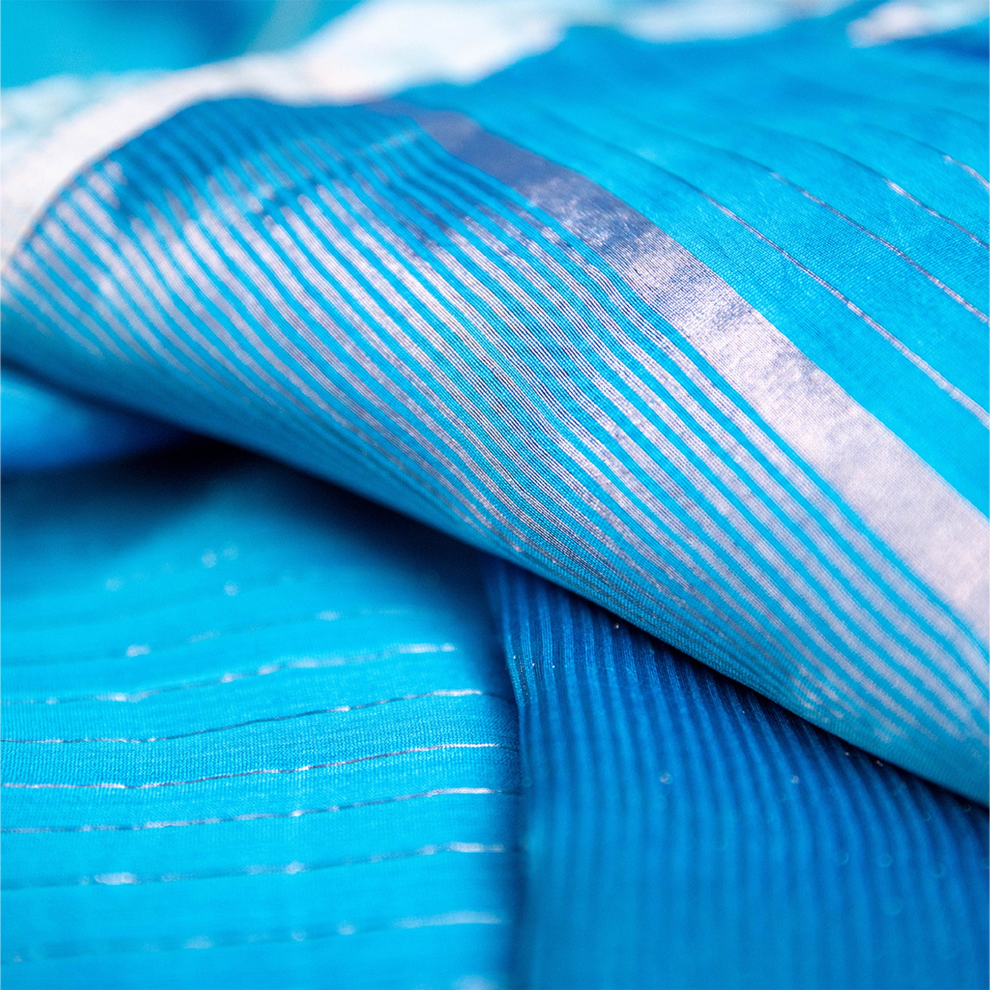 Turquoise Blue Silk Chanderi Saree with Silver Strips