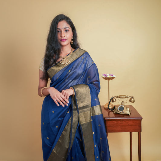 ASHWATHI - Ink Blue Cotton Silk Maheshwari Saree