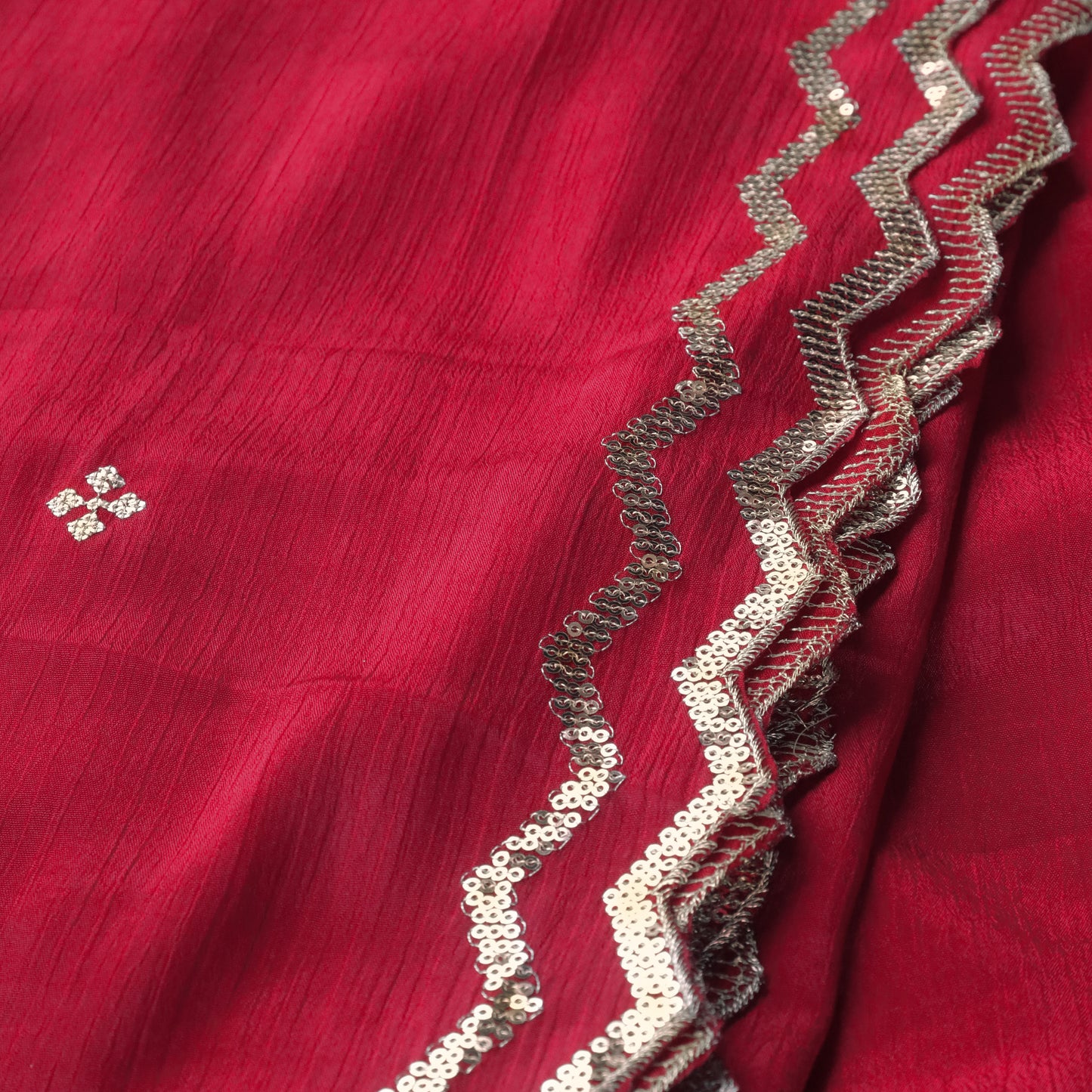 Red Chinnon Dupatta with Embroidered Zigzag Edges