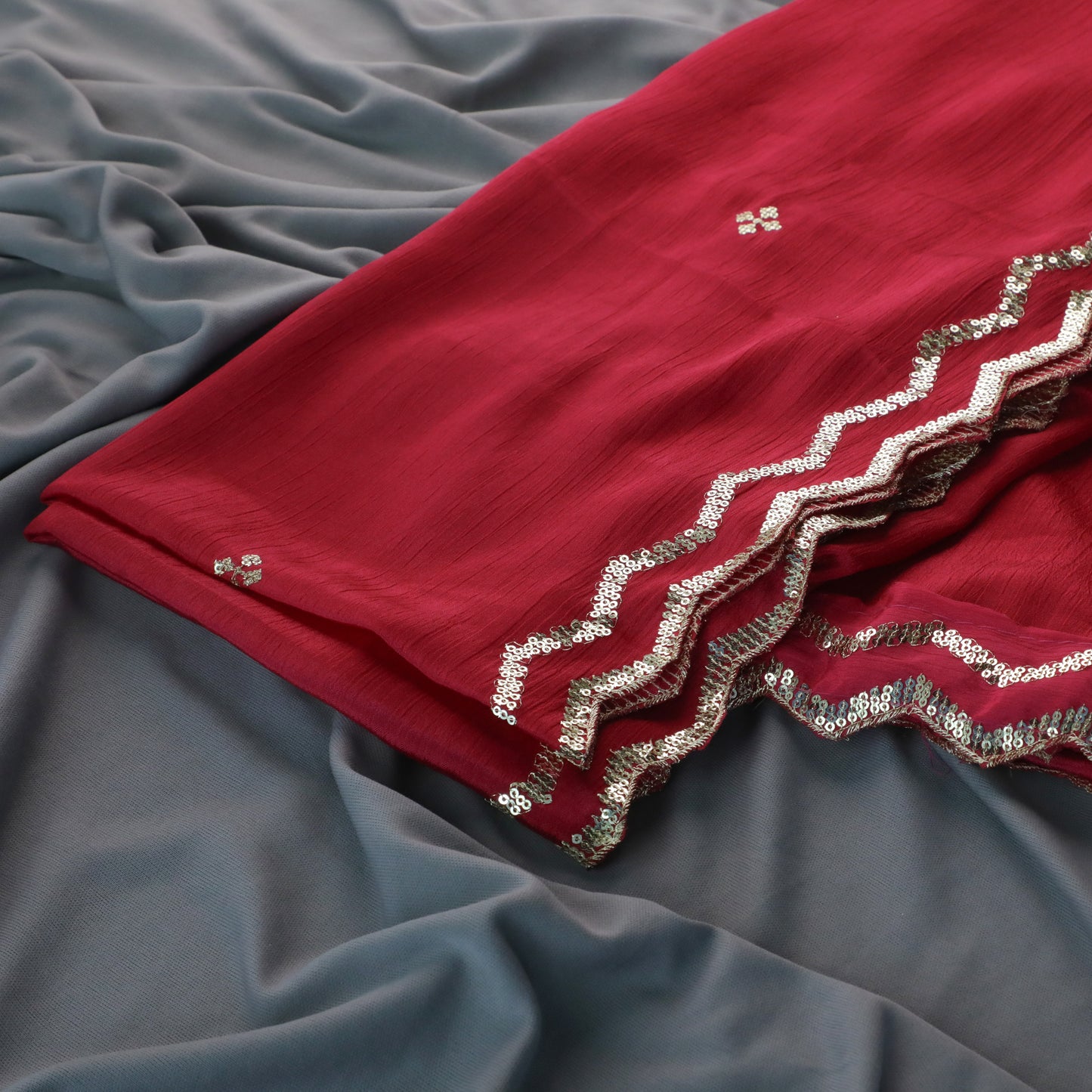 Red Chinnon Dupatta Zigzag Border