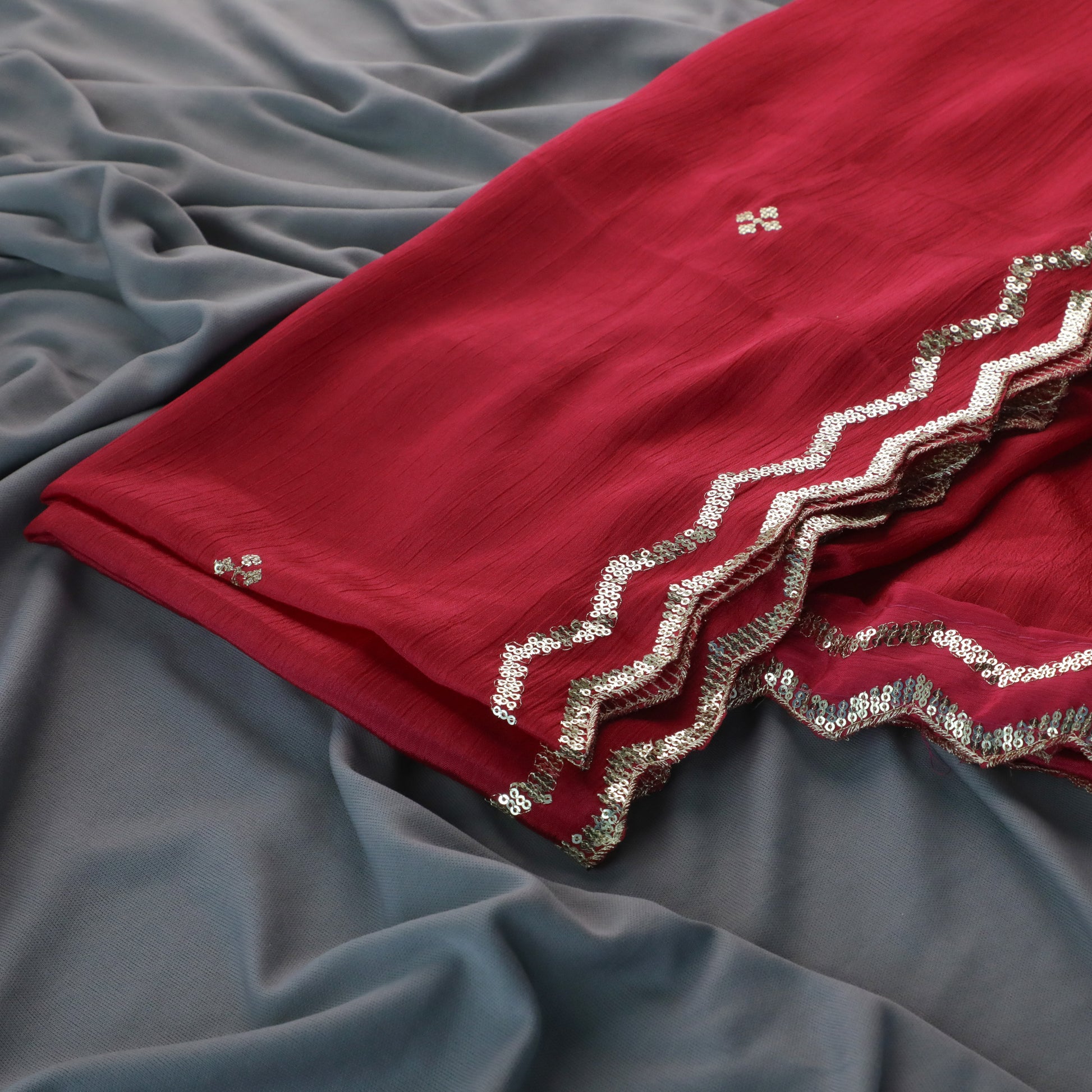 Red Chinnon Dupatta Zigzag Border